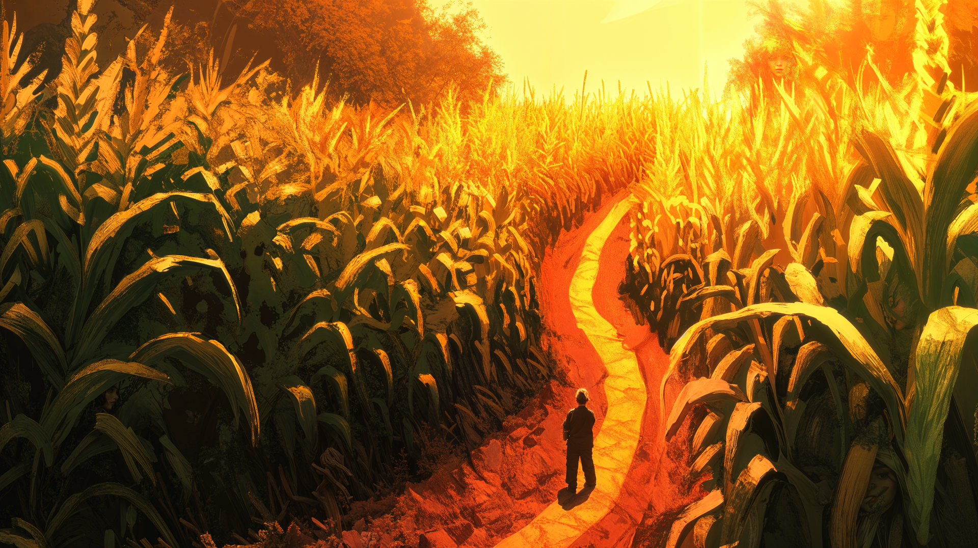 Silhouette of a person walking through a winding path in a sunlit corn maze, with towering cornfields on either side, captured in vivid 4K Ultra HD detail.