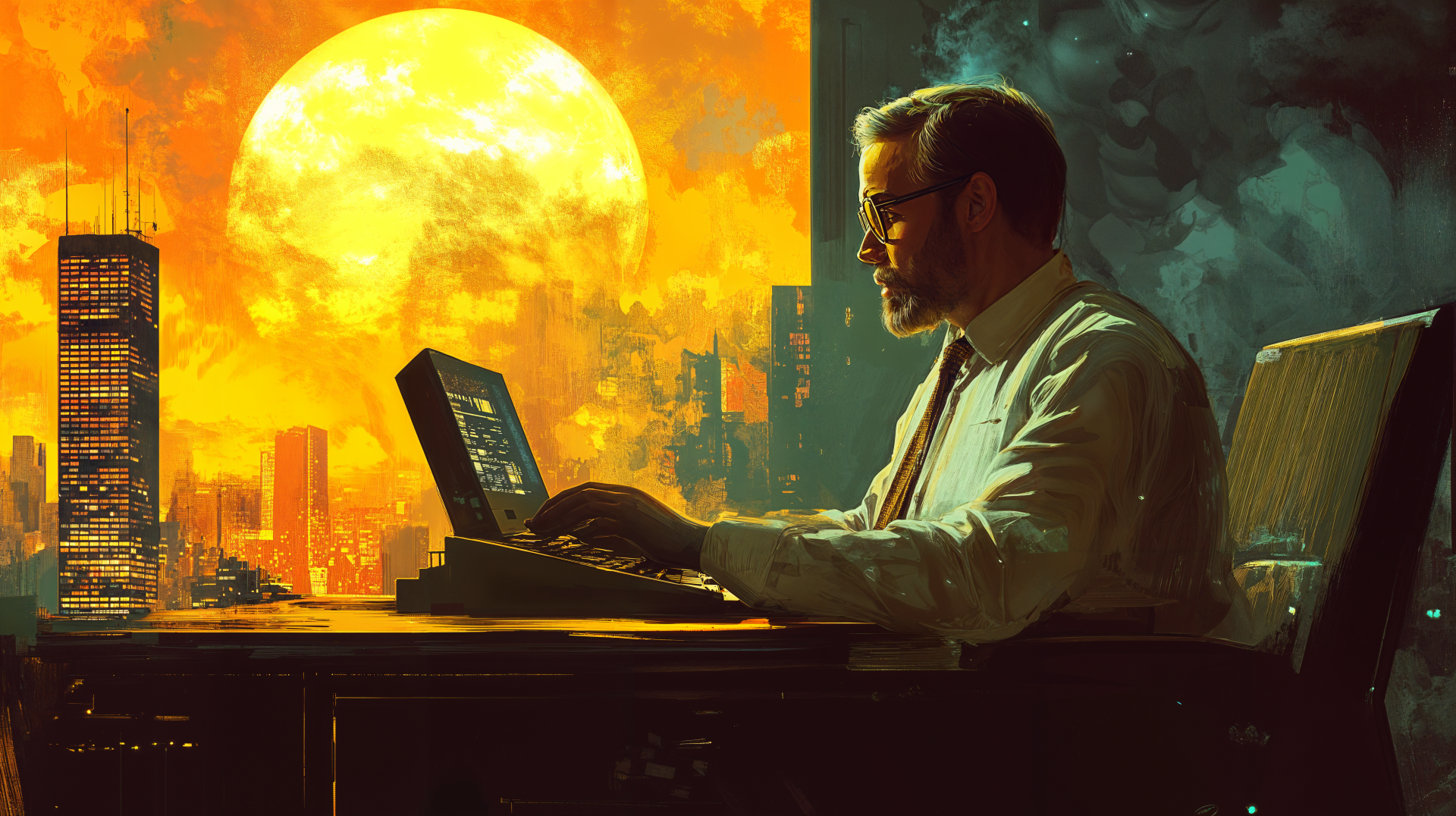 A professional businessman programmatically engages in work on a sleek, modern PC setup, showcasing the essence of productivity in a 4K Ultra HD desktop wallpaper.
