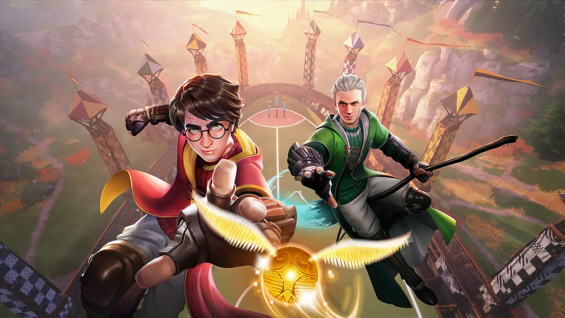 HD wallpaper featuring scenes from the video game Harry Potter: Quidditch Champions, showcasing the excitement of the magical sport of Quidditch in the Harry Potter universe.