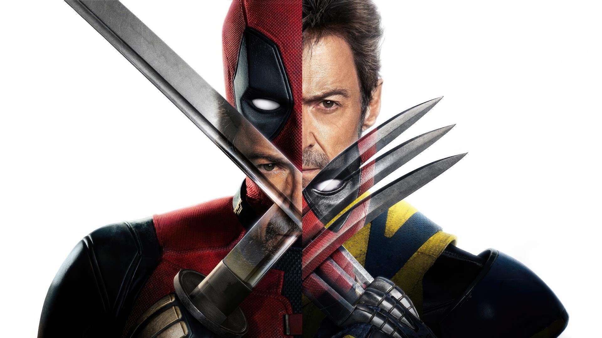 HD PC desktop wallpaper featuring a split image of Deadpool and Wolverine, with Ryan Reynolds and Hugh Jackman as their Marvel Comics characters.