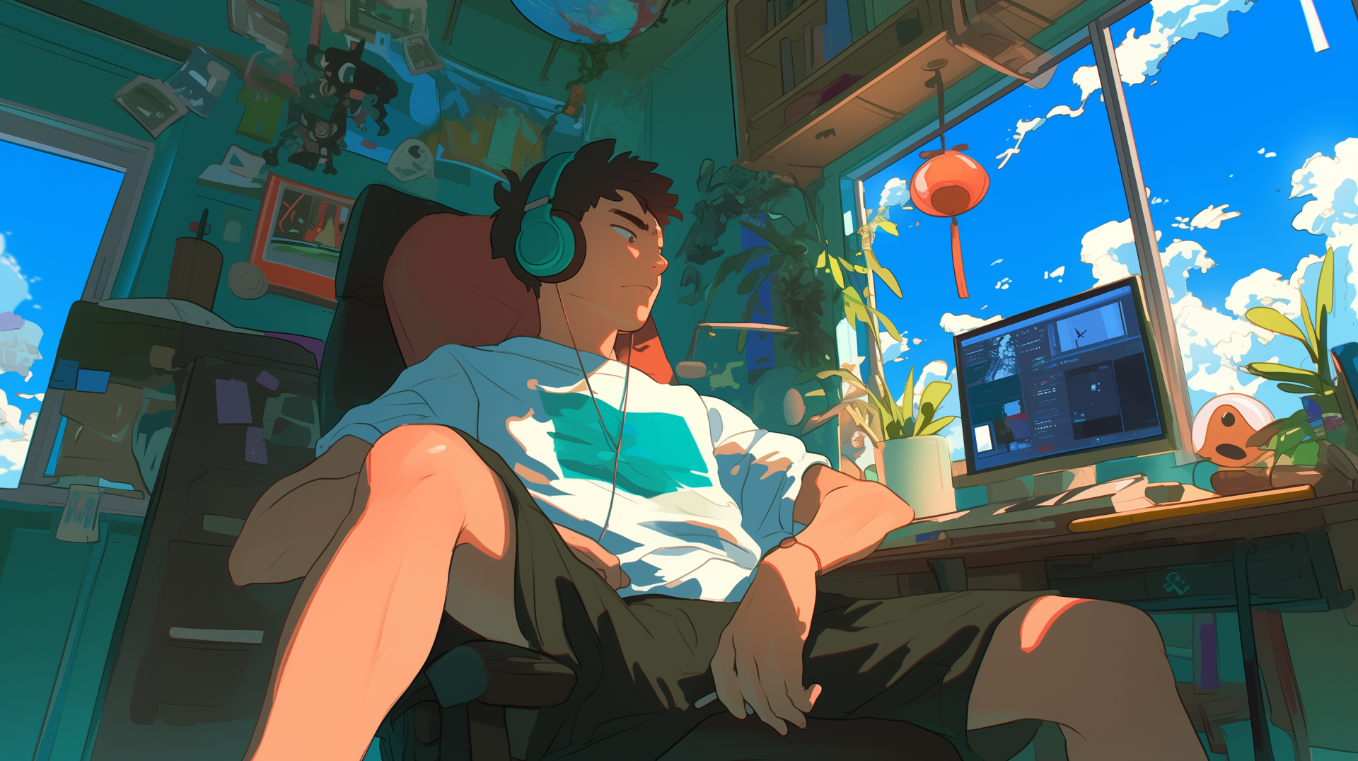 A chill lofi scene featuring a young person in headphones, relaxed in a vibrant, plant-filled workspace, with a computer displaying creative work and a bright sky visible outside.