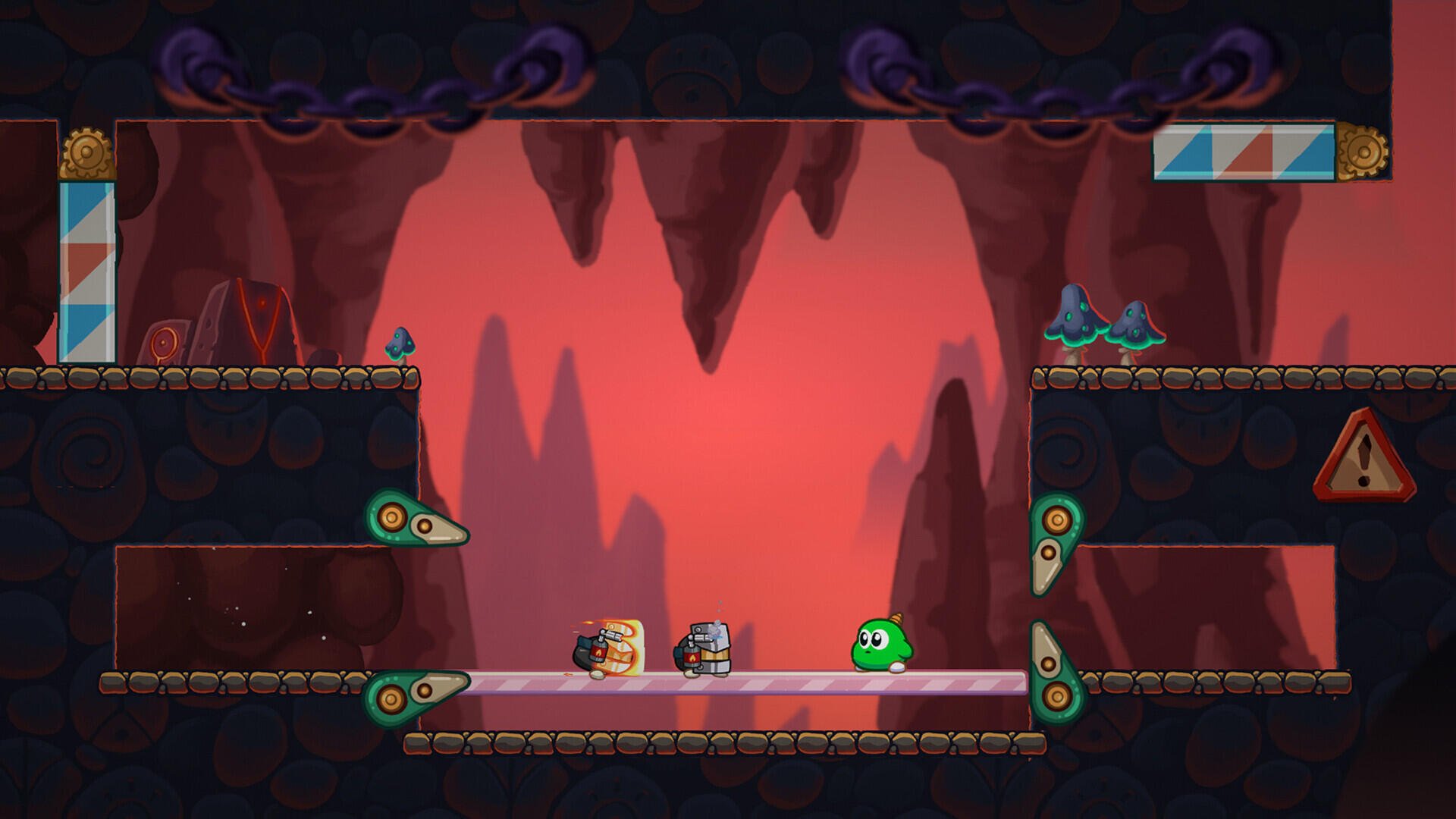 A vibrant HD PC desktop wallpaper featuring a scene from the video game Gimmick! 2, showcasing colorful characters and a dynamic setting with rolling platforms and a striking red backdrop.