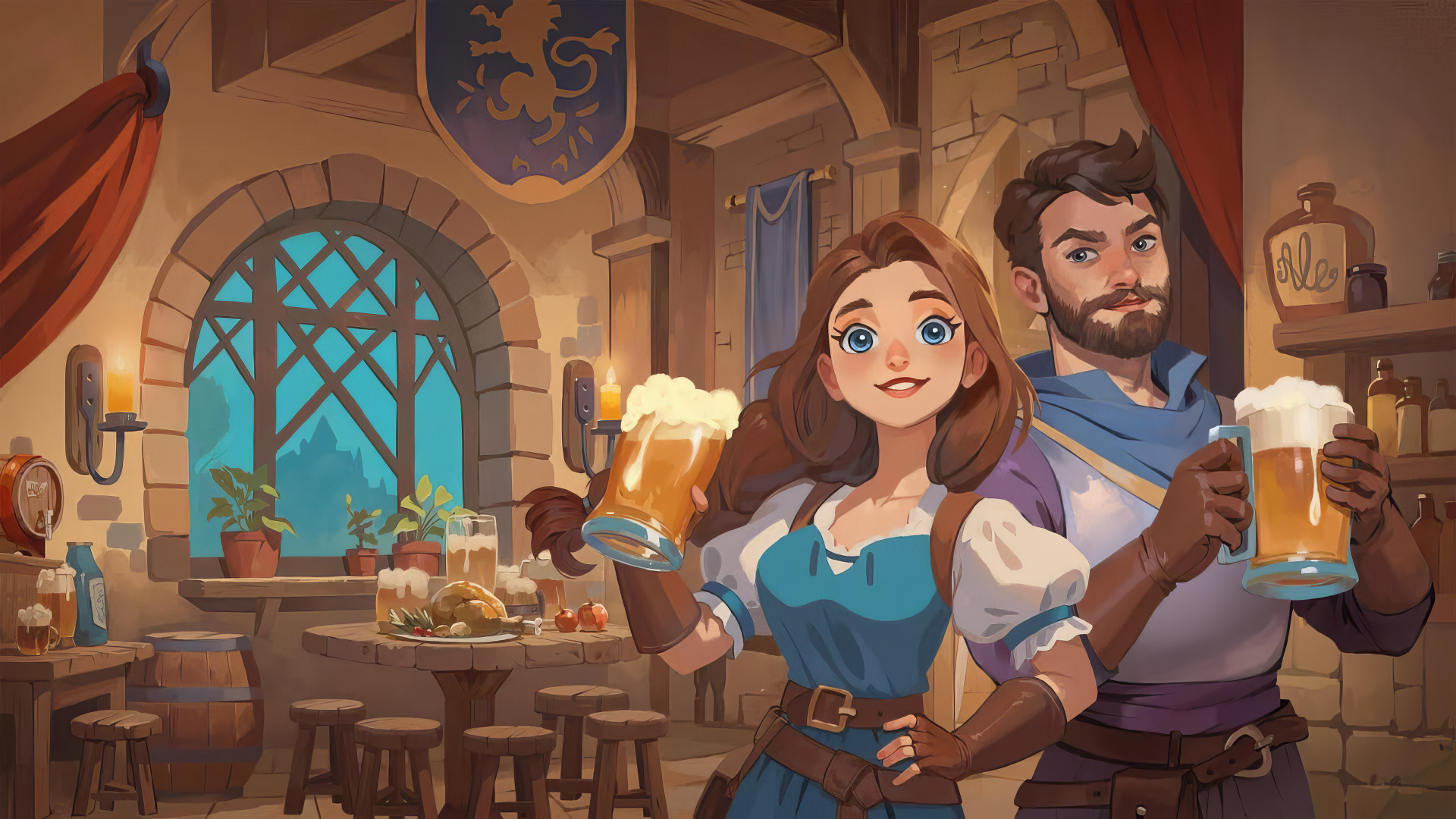 HD PC desktop wallpaper from the video game Ale & Tale Tavern, depicting a cheerful tavern scene with two characters raising mugs of ale inside a cozy medieval inn.