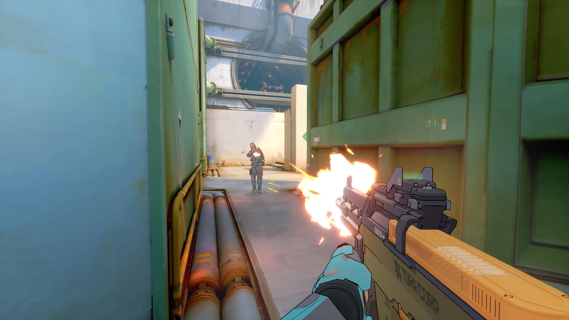 An intense moment from the video game Spectre Divide, featuring a character aiming a weapon down a narrow corridor, with action unfolding against an industrial backdrop. HD PC desktop wallpaper.