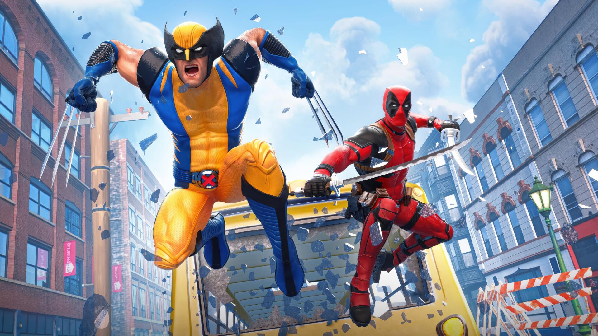 Fortnite characters Wolverine and Deadpool leap through a vibrant city street in this dynamic 4K Ultra HD PC desktop wallpaper.