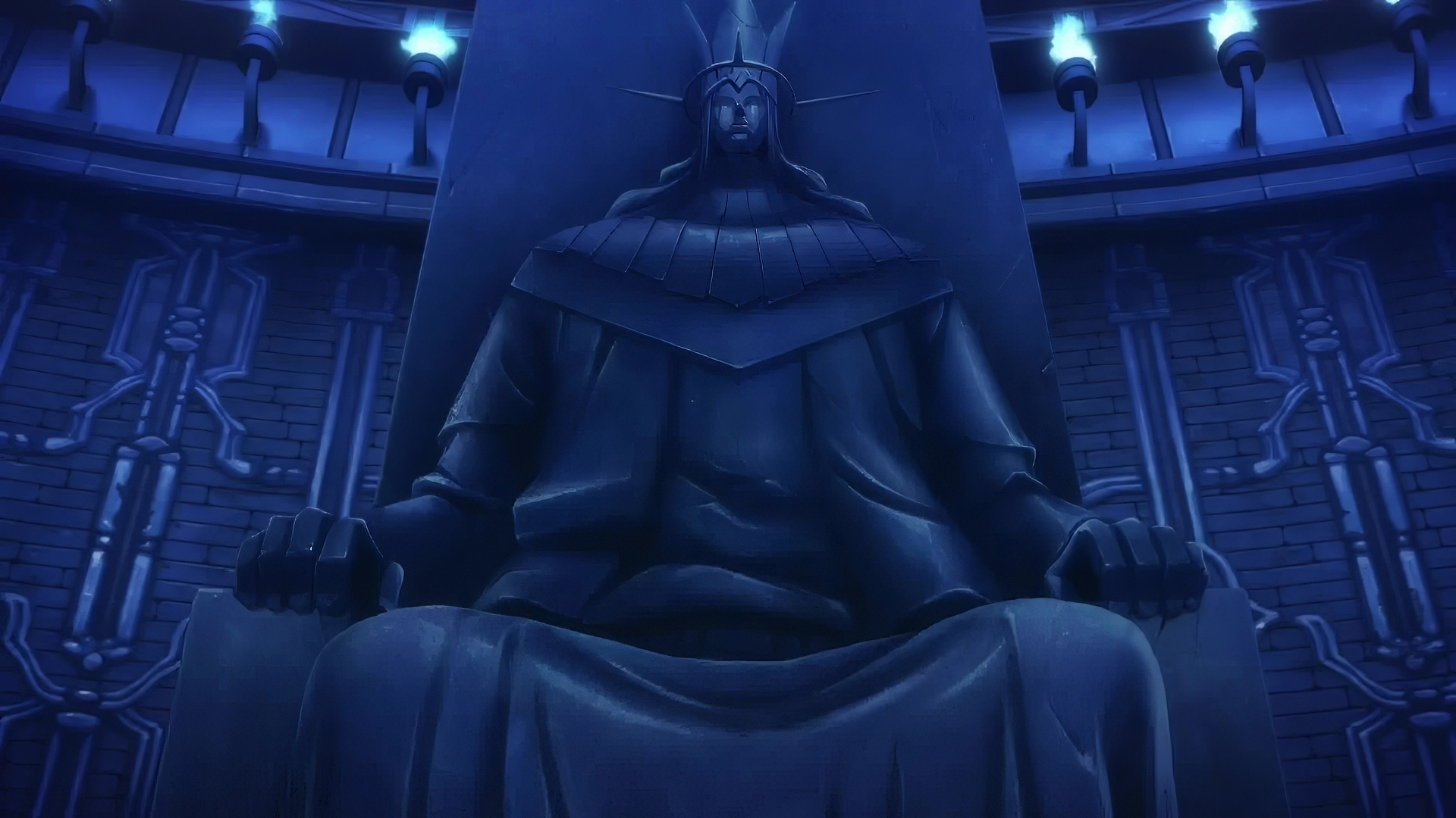 A stunning HD desktop wallpaper featuring the Statue of God from the anime Solo Leveling, showcasing vibrant details and an engaging design for fans of the series.