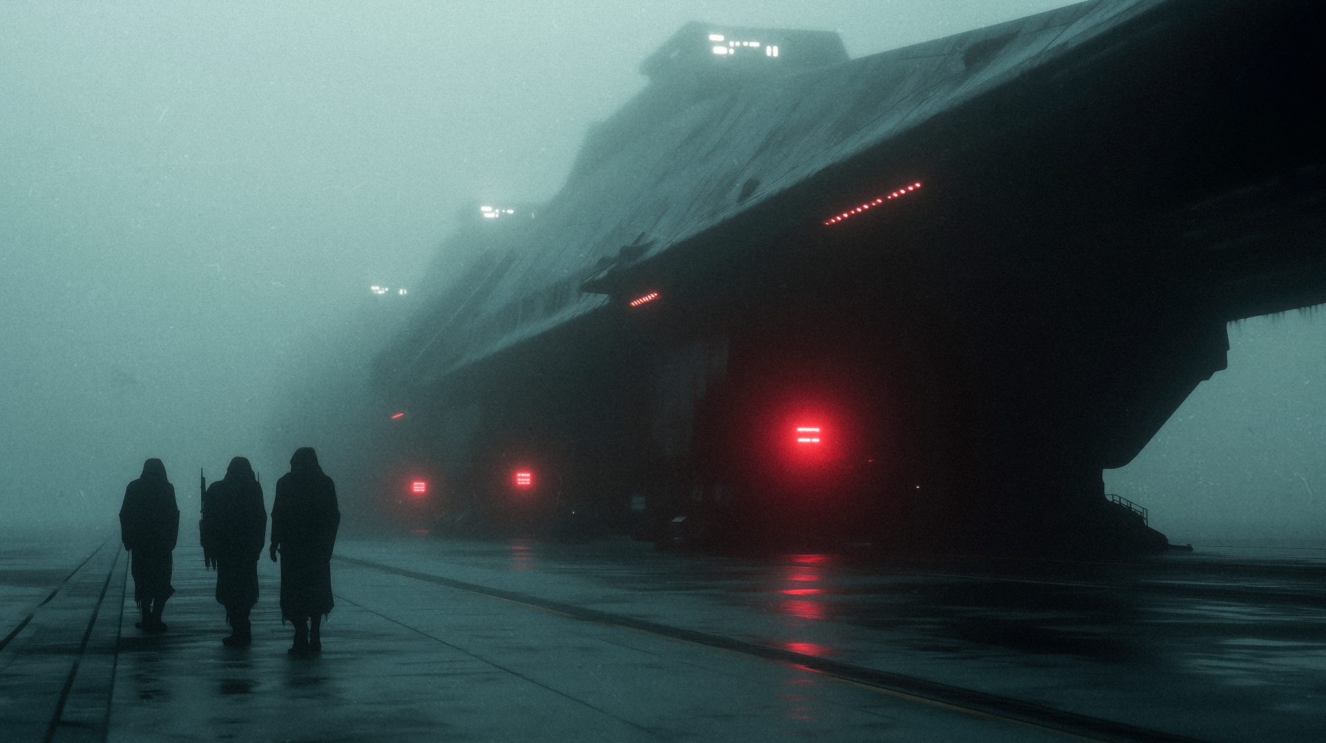 A foggy sci-fi landscape featuring silhouetted figures walking beside a massive, illuminated futuristic ship in 4K Ultra HD detail.