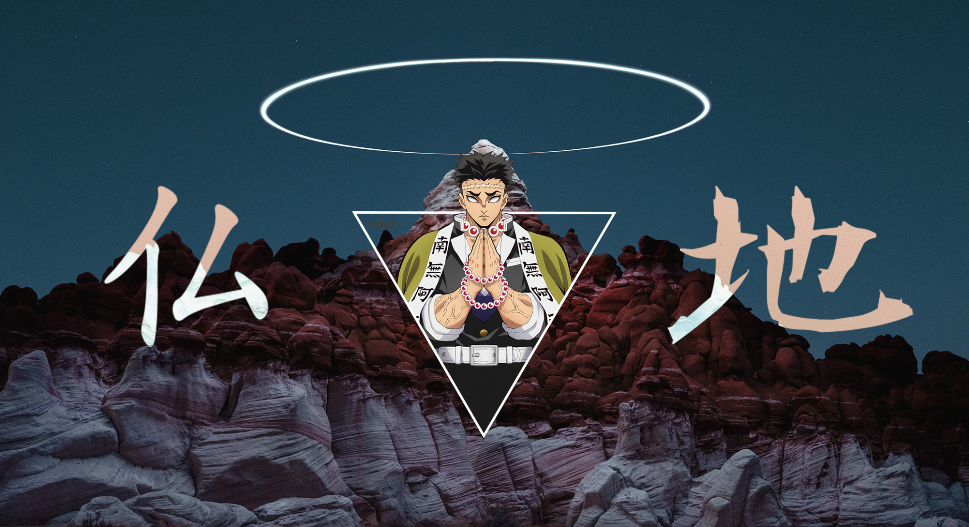 A captivating HD wallpaper featuring Gyomei Himejima from the anime Demon Slayer: Kimetsu no Yaiba, framed by a geometric design against a dramatic rock landscape.