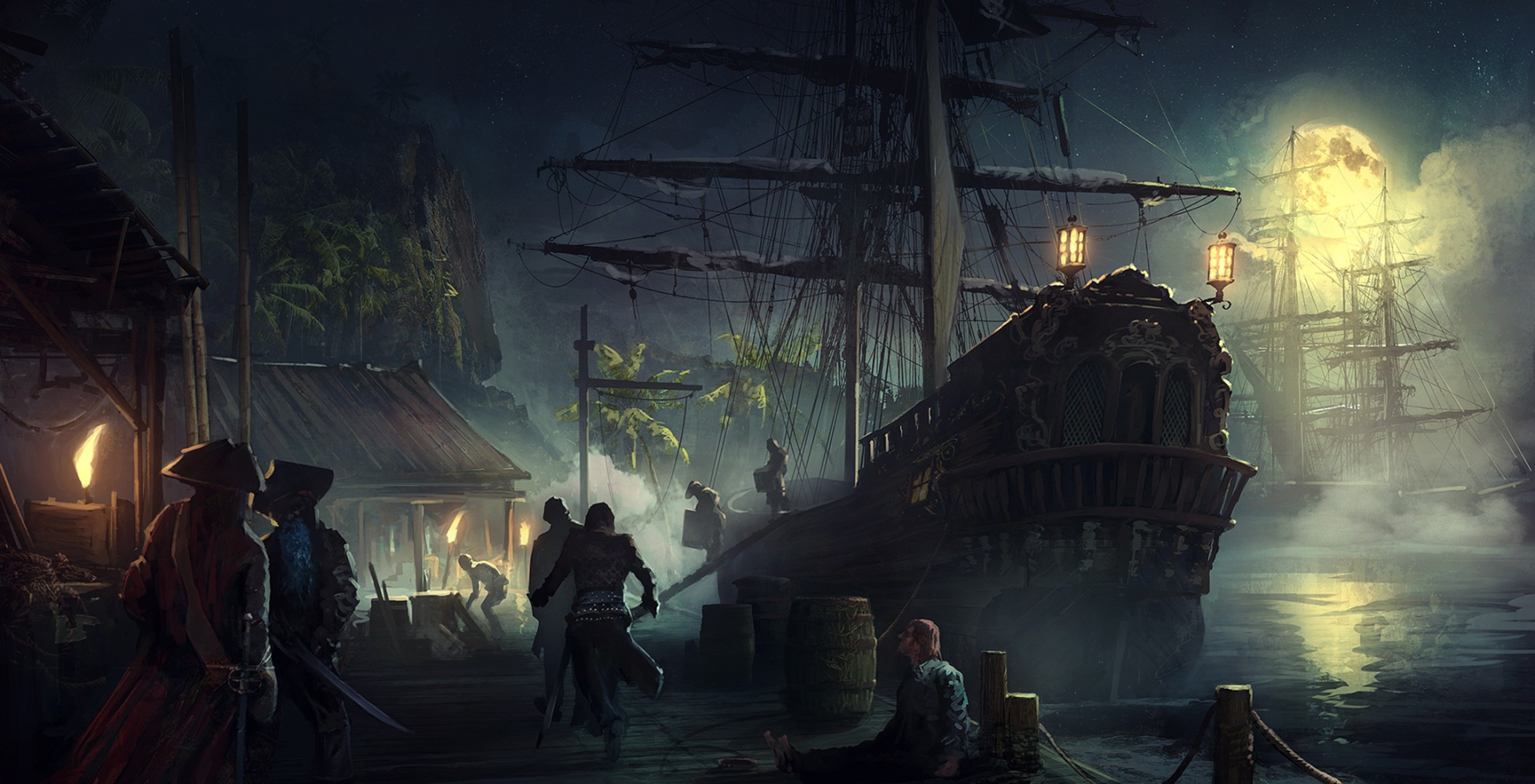 A majestic pirate ship sails through the night, captured in this HD desktop wallpaper, evoking adventure and mystery on the open sea.