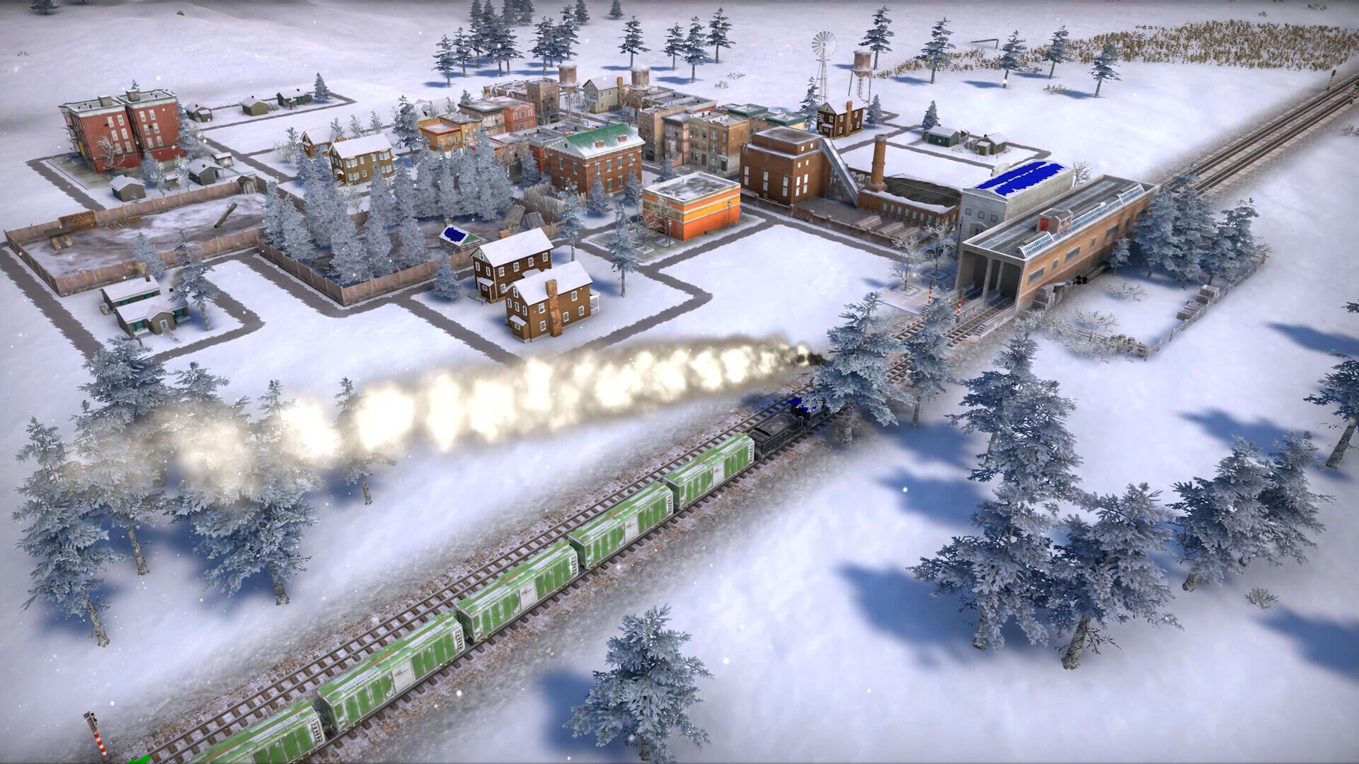 A scenic HD wallpaper from Railroad Corporation 2 features a train traversing a snowy landscape, surrounded by a charming town and evergreen trees, capturing the essence of winter gameplay.