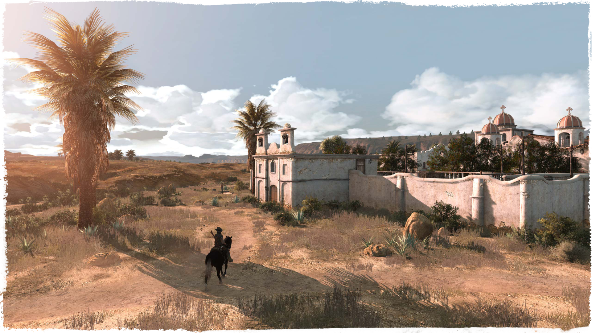 HD PC desktop wallpaper from the video game Red Dead Redemption, featuring a lone rider on horseback approaching a walled estate under a bright, partly cloudy sky.