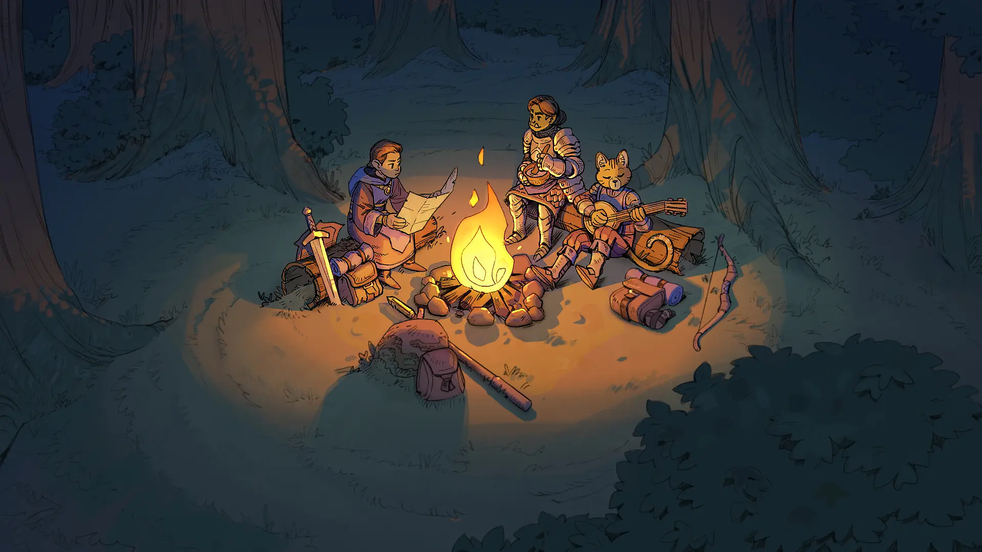 A vibrant HD wallpaper from The Elder Scrolls: Castles, showcasing a campfire scene with adventurers gathered in a forest, embodying the essence of RPG gaming.