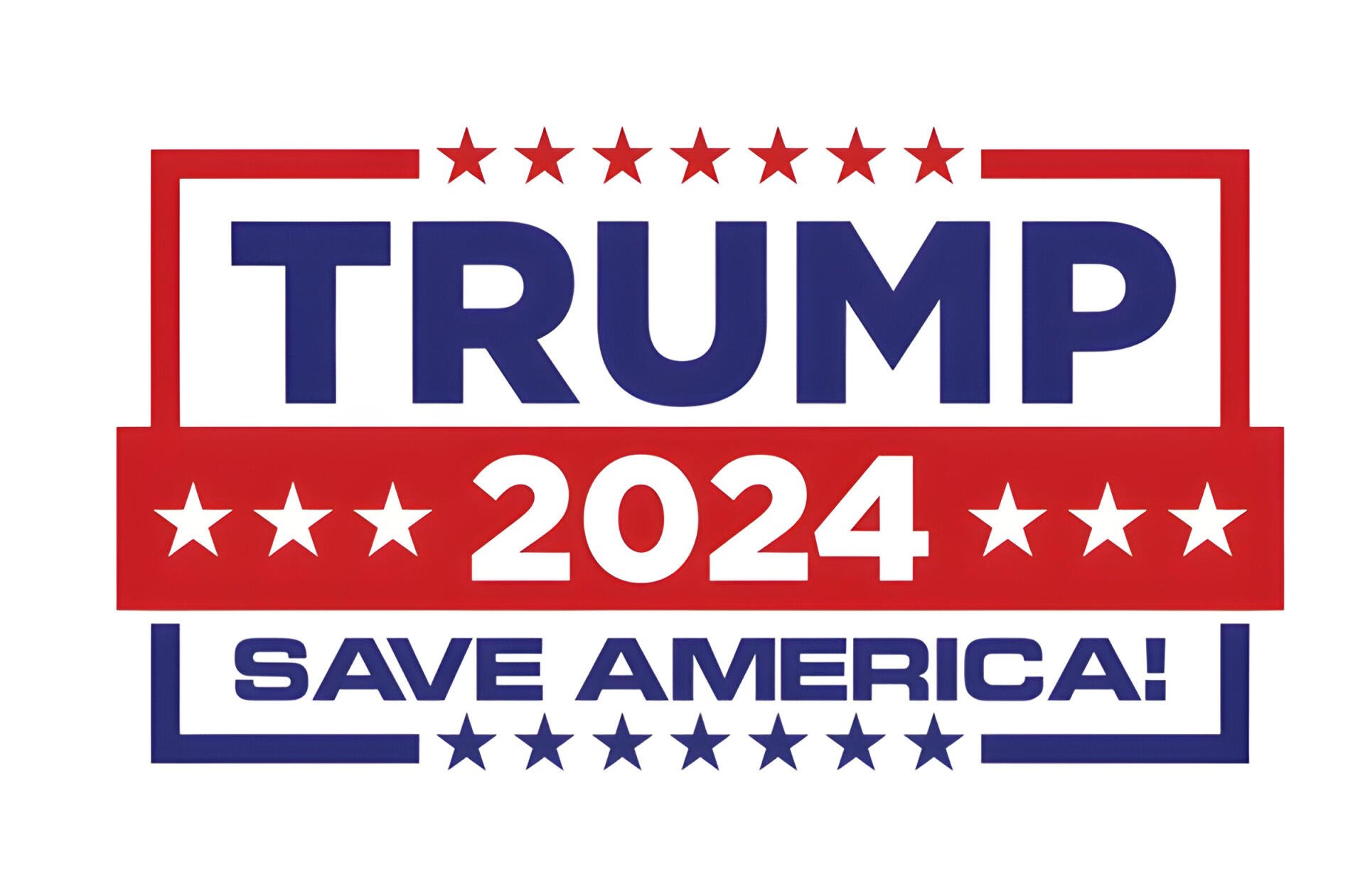 HD PC desktop wallpaper featuring bold Trump 2024 Save America! text with red, white, and blue colors and stars, reflecting MAGA themes.