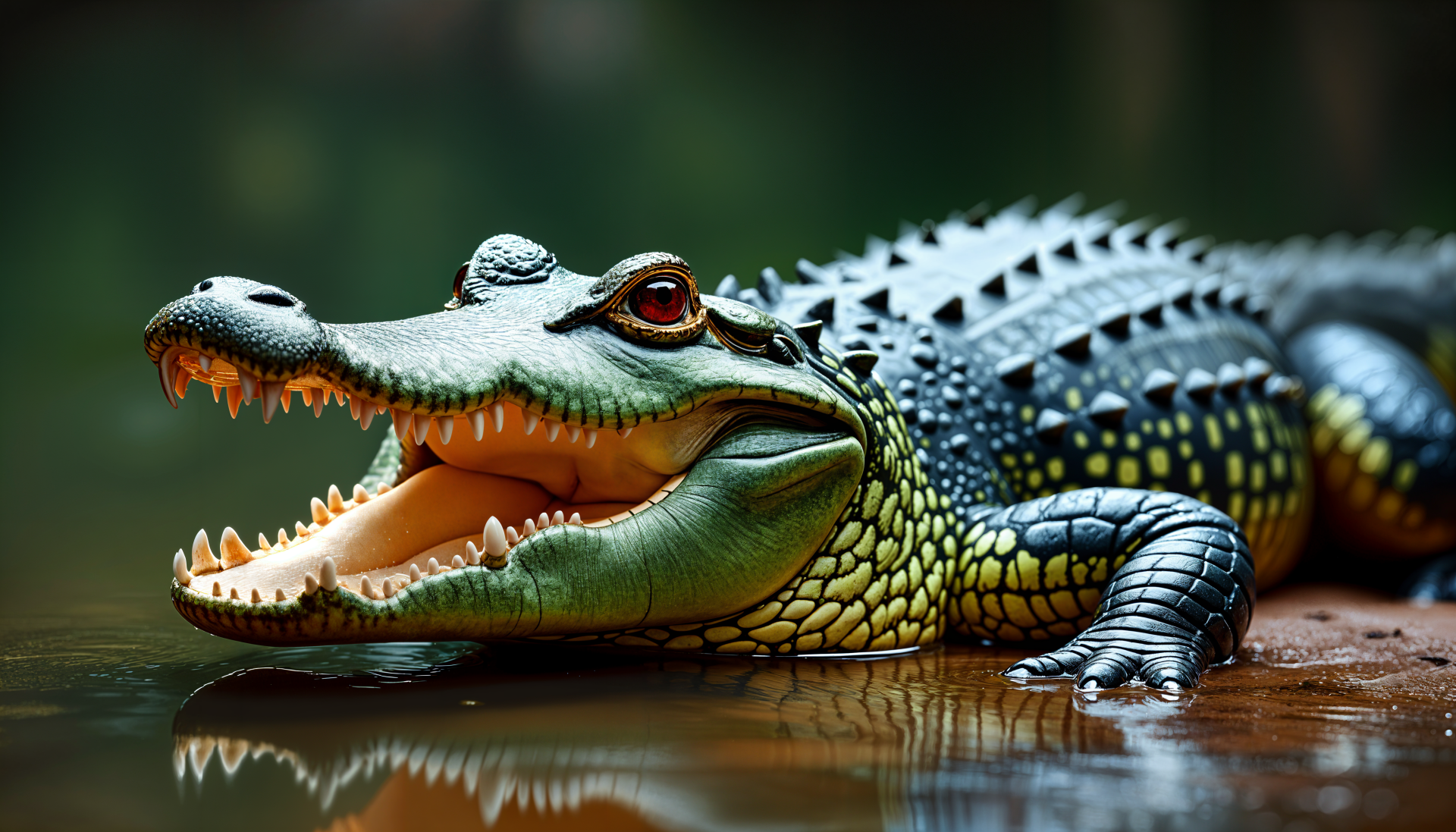 A vivid 4K Ultra HD desktop wallpaper featuring a crocodile resting by the water, showcasing its detailed scales and open mouth against a blurred natural background.