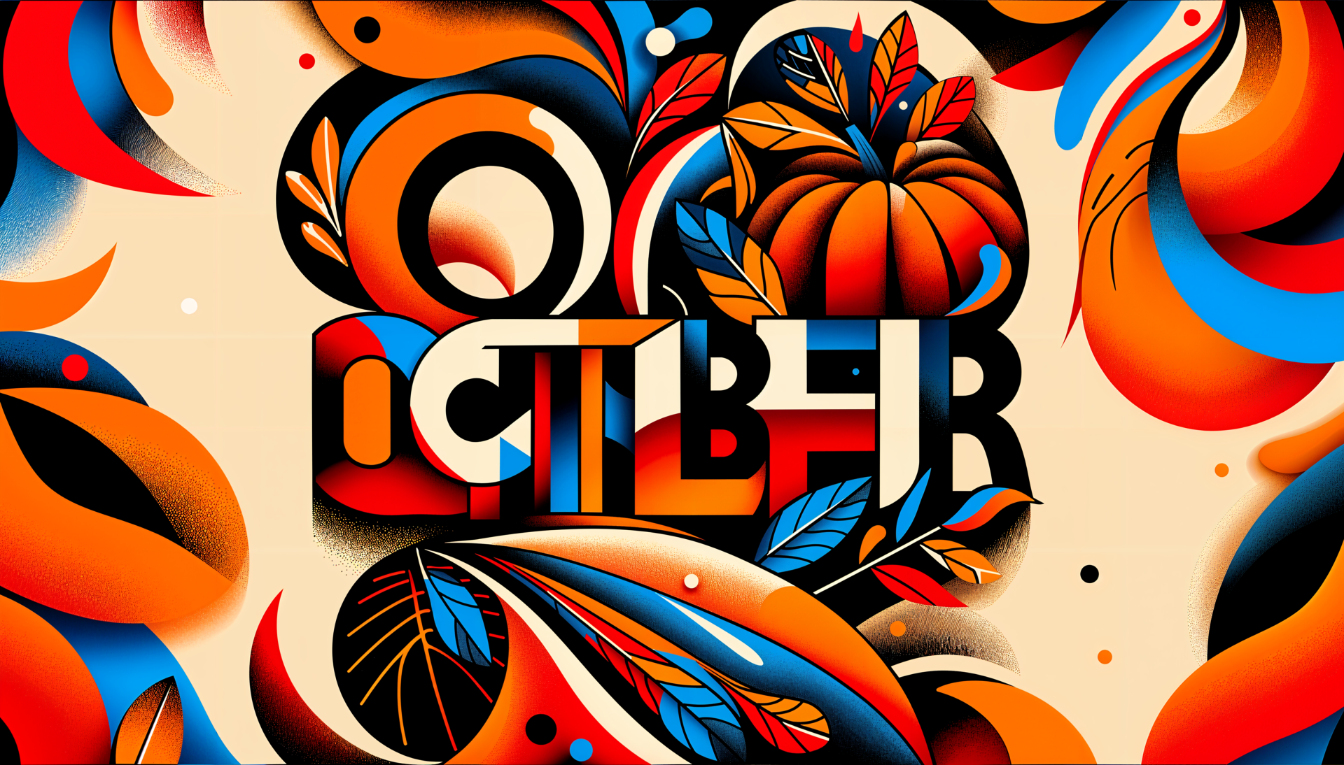 Vibrant 4K Ultra HD wallpaper featuring the word October surrounded by autumn-themed leaves and a pumpkin, showcasing bold colors and a dynamic design.