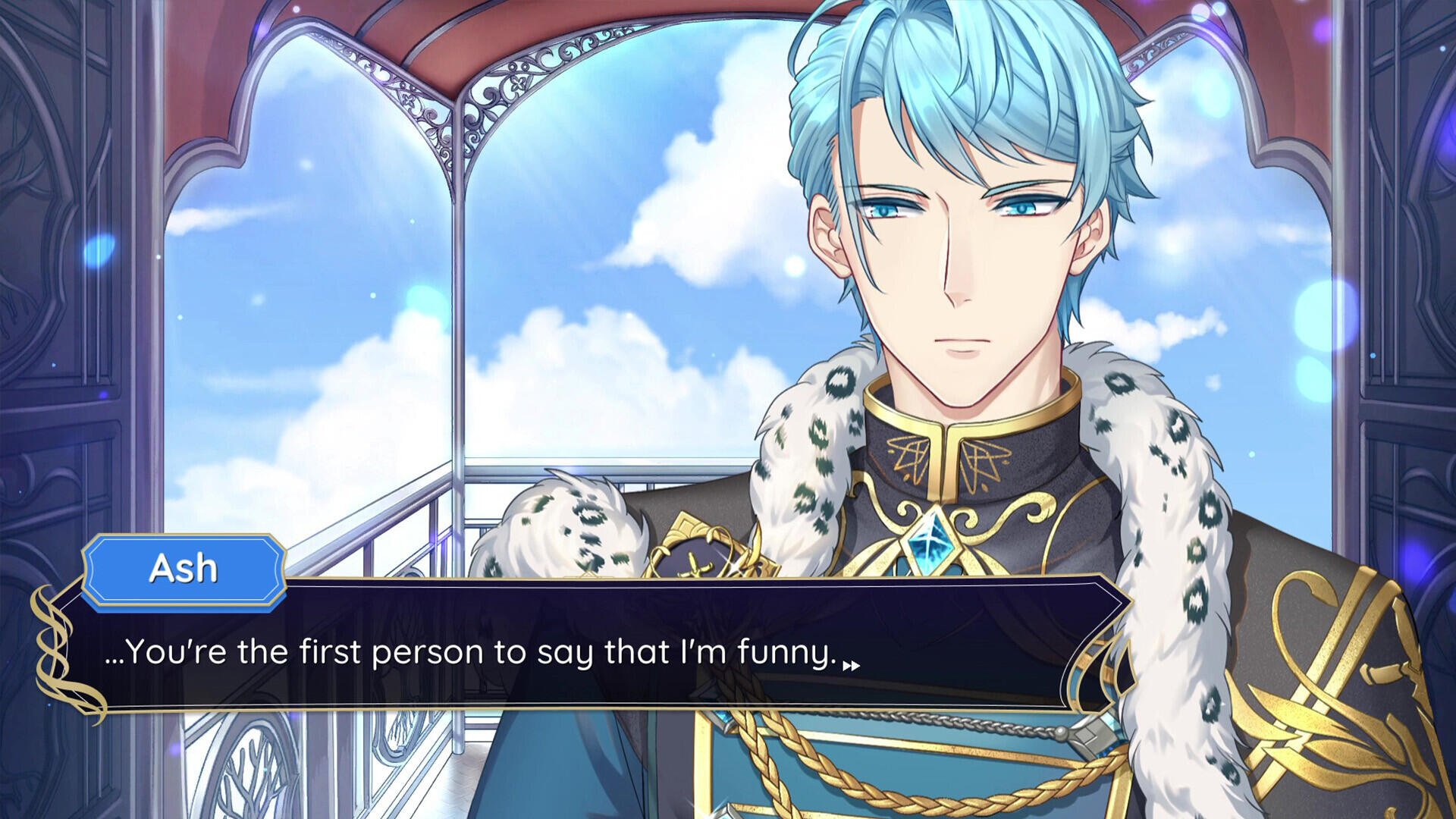 A character named Ash from the video game Celestia: Chain of Fate expresses surprise in a beautifully designed HD PC desktop wallpaper, set against a bright, cloud-filled sky.