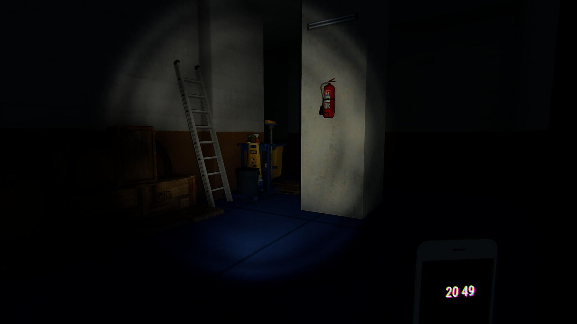 A dark, atmospheric scene from the video game Mannequin (2024), featuring a ladder and a fire extinguisher, creating a sense of mystery and tension. HD desktop wallpaper for immersive gaming.