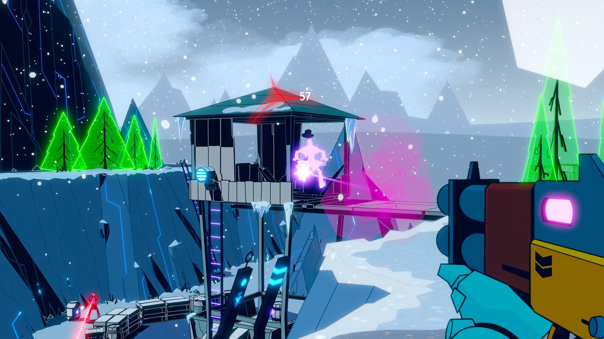 A vibrant HD wallpaper from the video game Wild Bastards, showcasing a snowy landscape with colorful structures and dynamic combat elements.