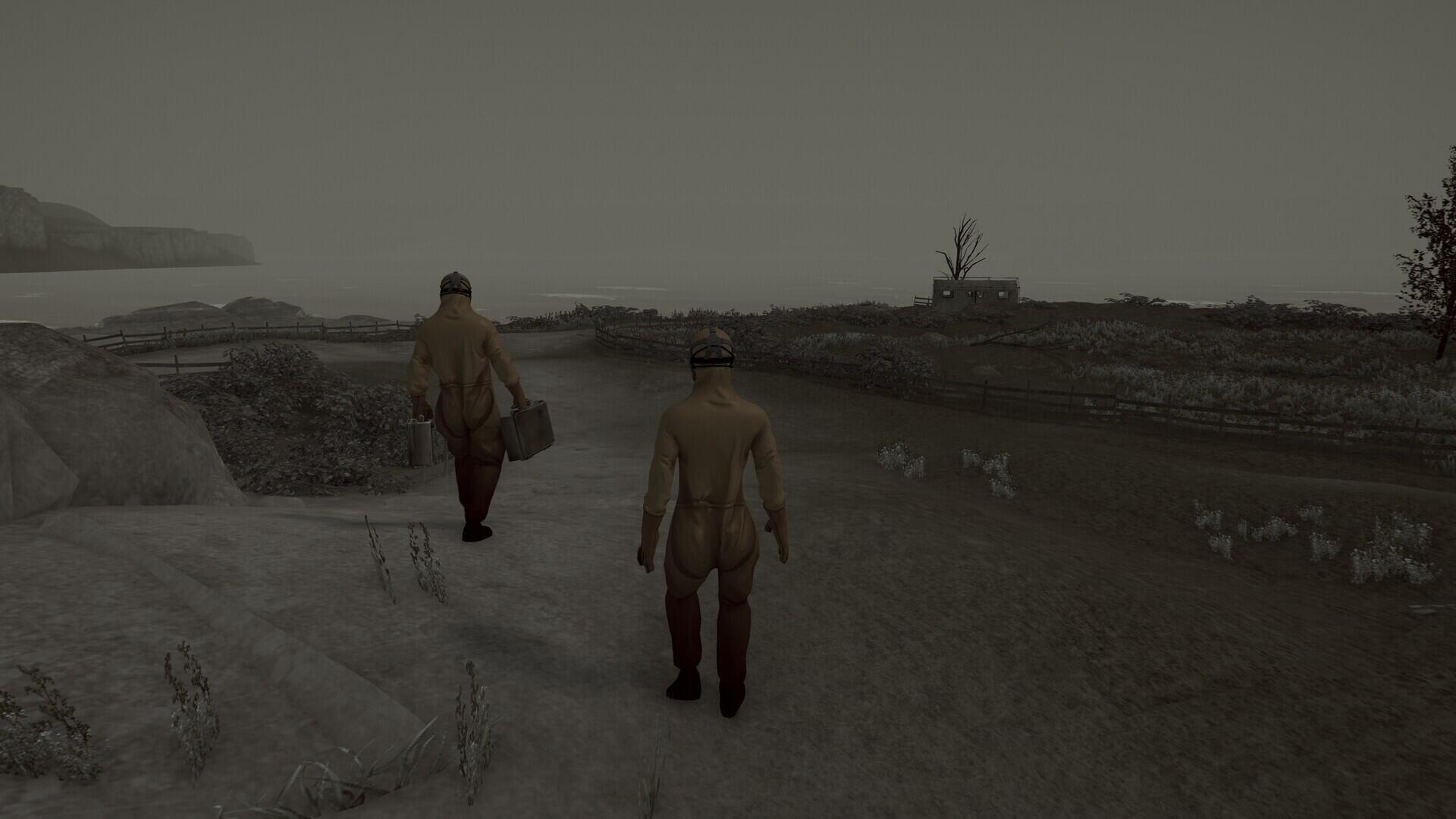 Two characters walk along a desolate landscape in a scene from the video game Hollowbody, set against a foggy, muted background. An atmospheric HD PC desktop wallpaper.