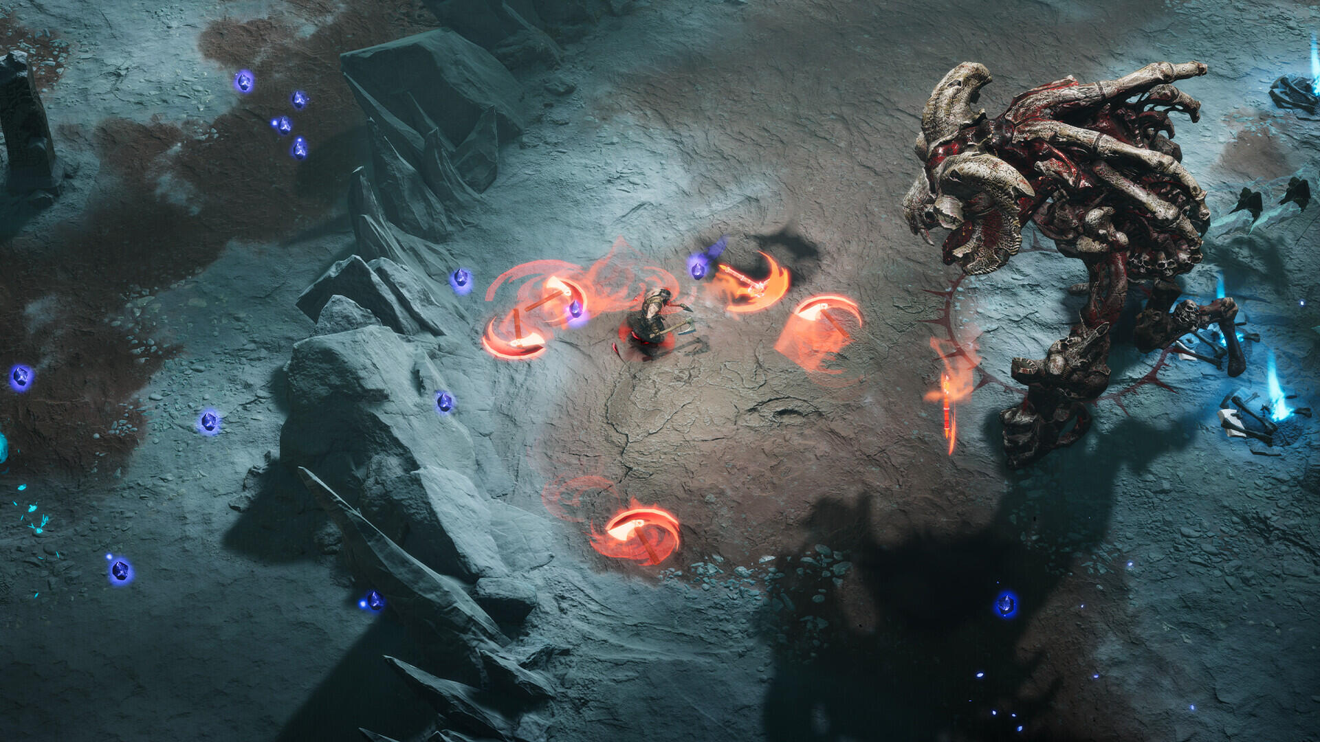 An action-packed scene from the video game Jotunnslayer: Hordes of Hel, featuring a character confronting a massive enemy amidst fiery spell effects in a dynamic, high-definition environment.