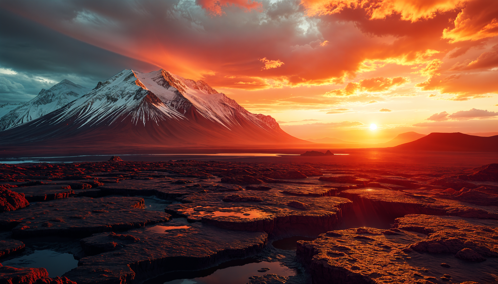 A stunning 4K Ultra HD image capturing the breathtaking landscape of Iceland, featuring majestic mountains illuminated by a vibrant sunset against a dramatic sky.