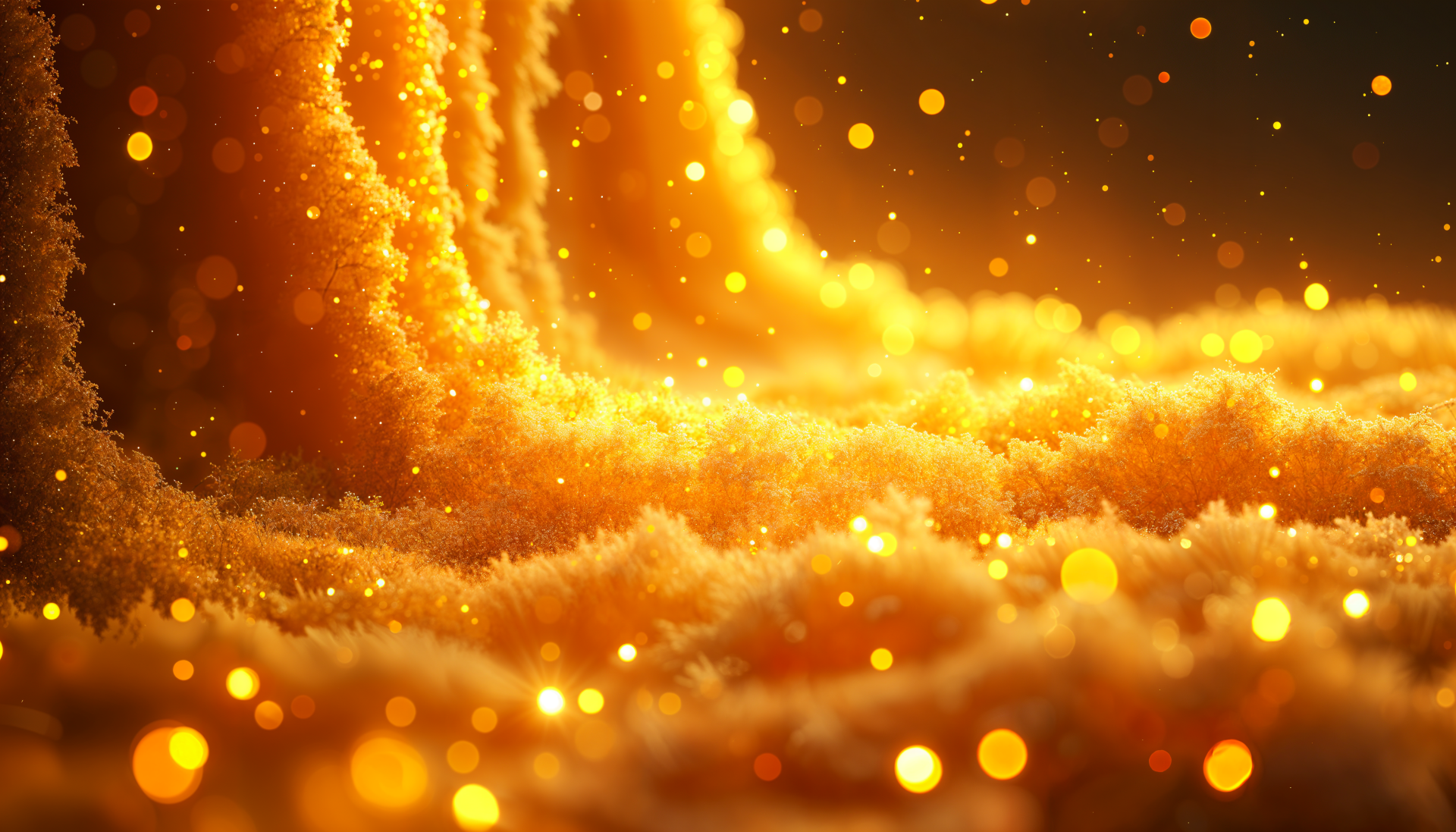A vibrant 4K Ultra HD desktop wallpaper showcasing glowing golden waves with sparkling particles, creating an enchanting and warm atmosphere.