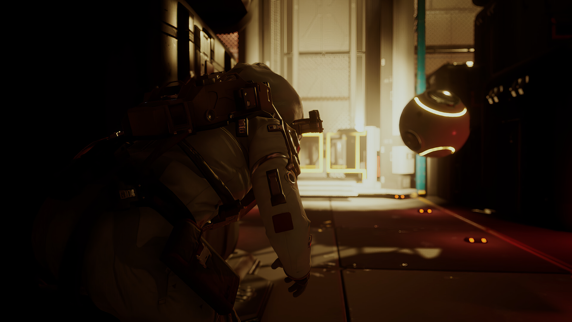 A dramatic HD wallpaper depicting a scene from the video game EVOTINCTION, featuring a crouched figure in a futuristic environment, illuminated by soft, ambient lighting.