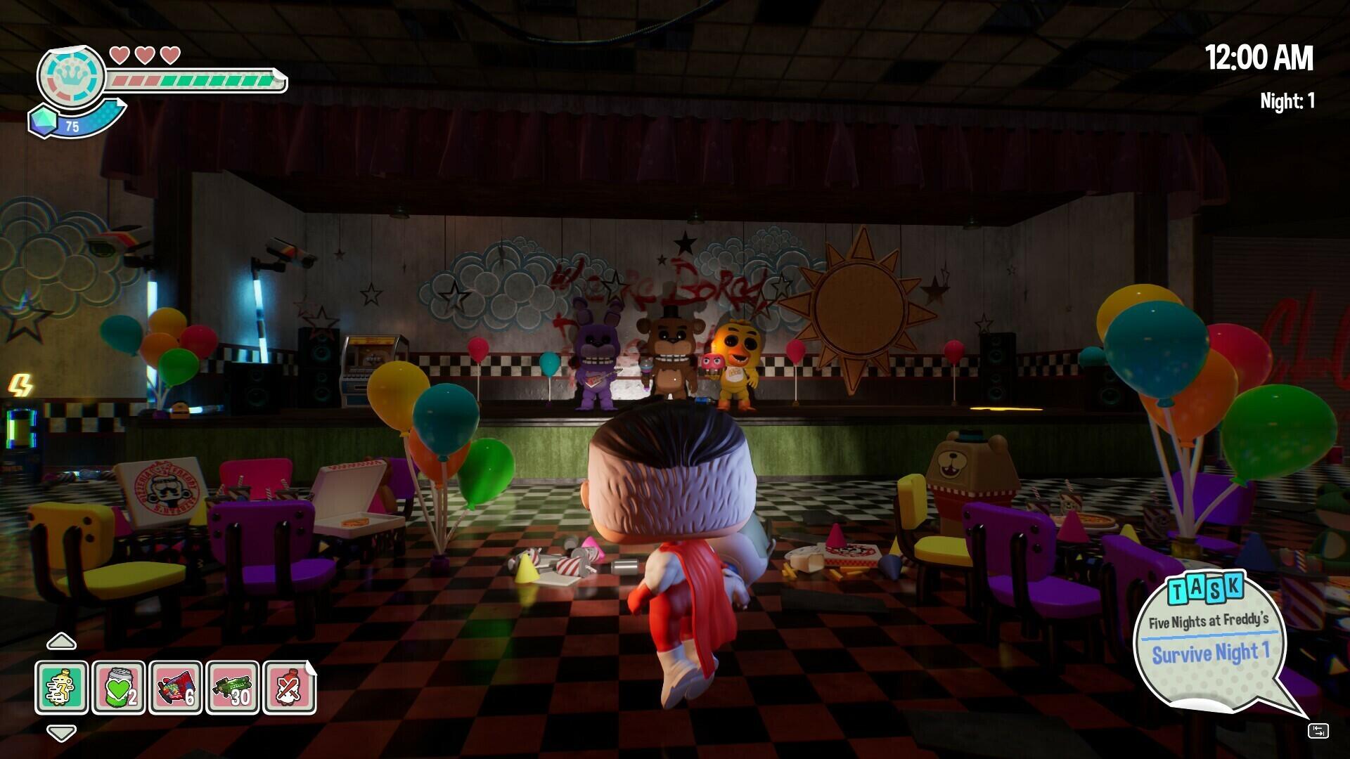 A vibrant HD PC desktop wallpaper featuring Funko Fusion characters in a festive, game-themed setting with balloons, colorful tables, and a stage with performing figures.