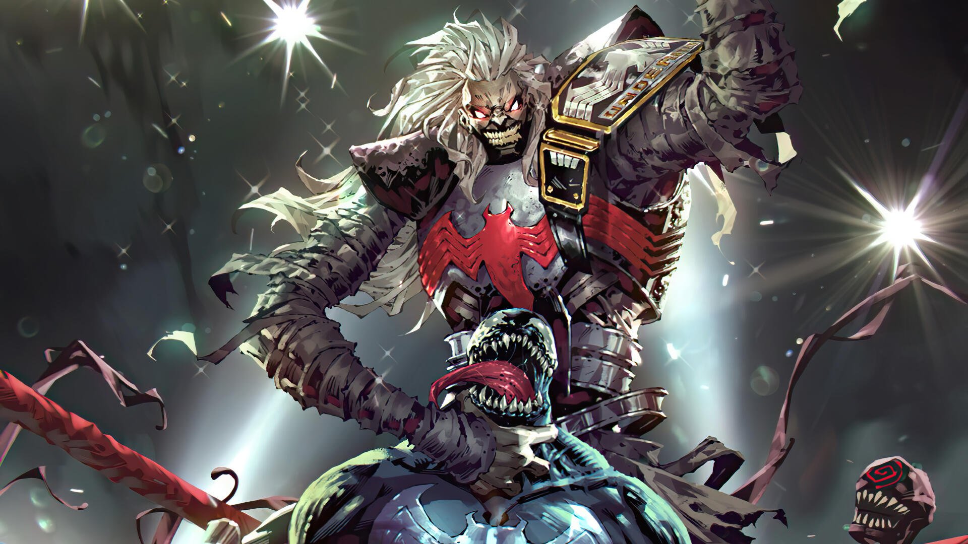 A dynamic Marvel Comics image featuring Knull, the menacing villain, dominating Venom in a dramatic, high-resolution comic style backdrop.