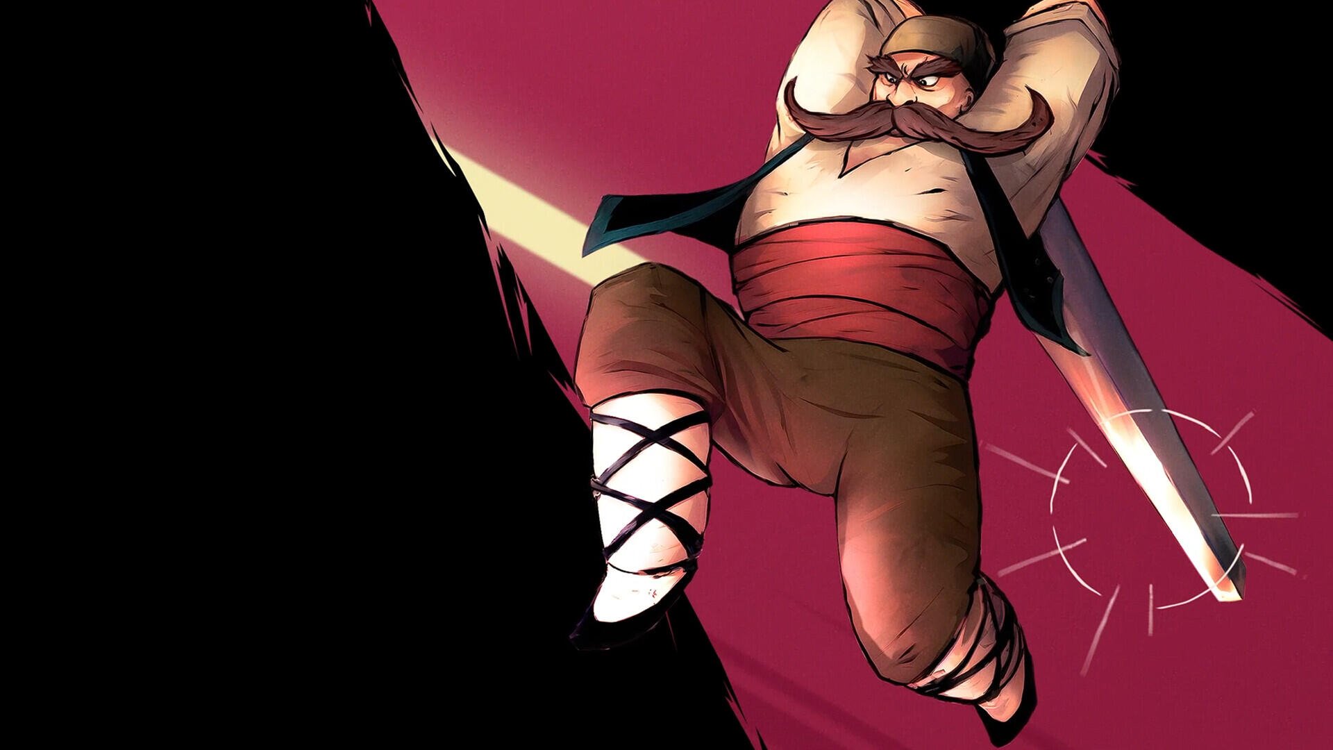 A dynamic HD wallpaper featuring a character from the video game Marko: Beyond Brave, showcasing a muscular figure with a mustache wielding a sword against a striking background.