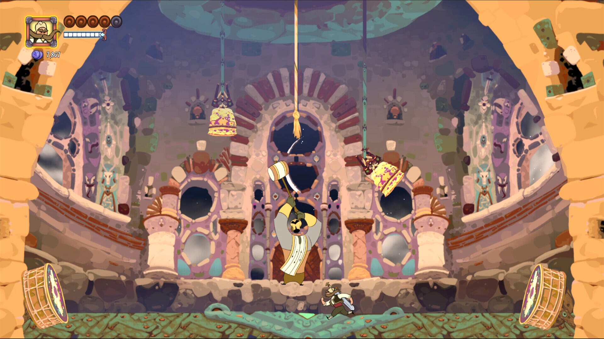 A vibrant HD wallpaper from the video game Marko: Beyond Brave, featuring a character navigating a colorful, intricately designed environment filled with bells and unique architecture.