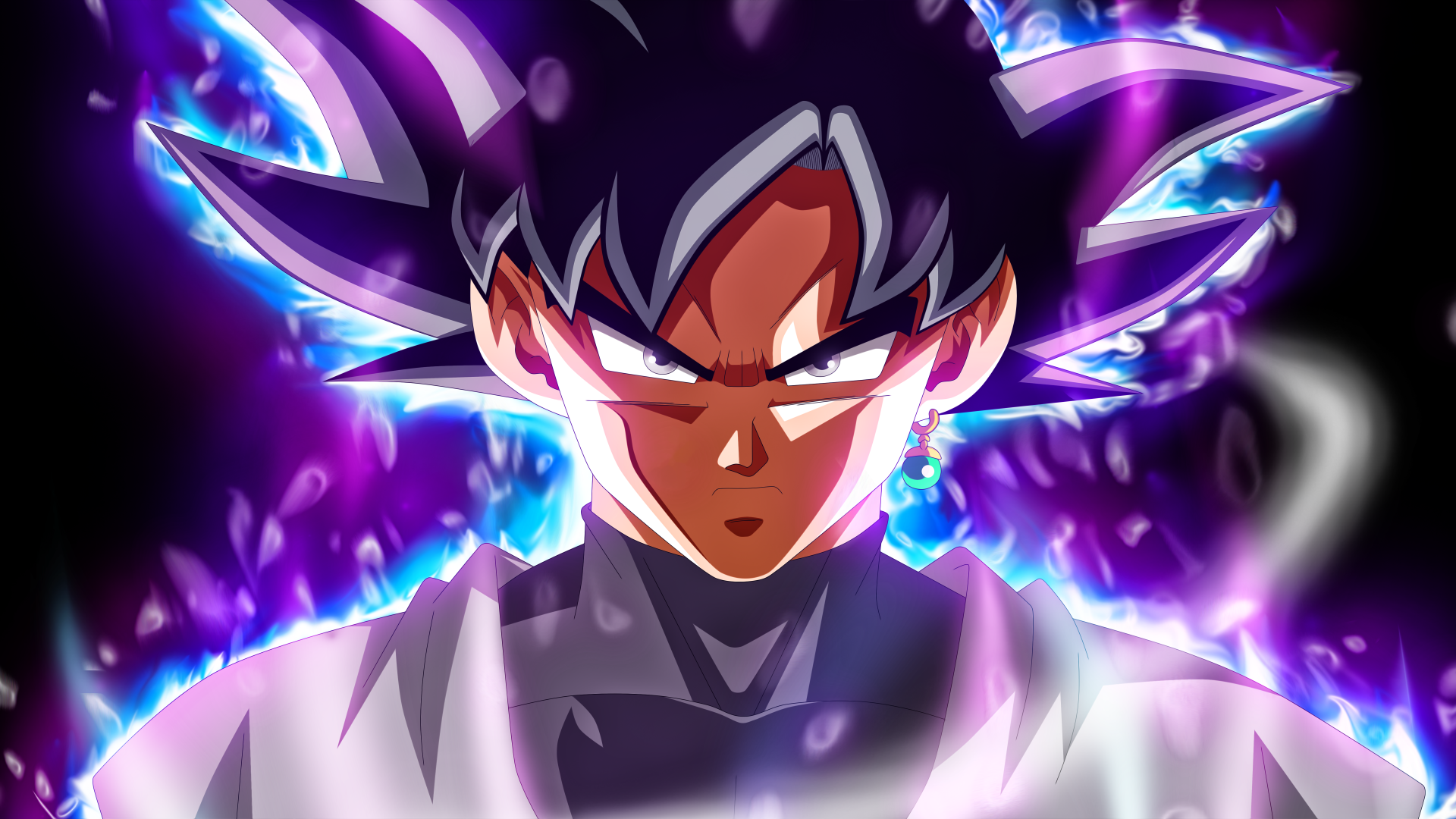 A striking 4K Ultra HD desktop wallpaper featuring Black Goku from Dragon Ball Super, showcasing his Ultra Instinct form with vibrant energy effects and intense expression.