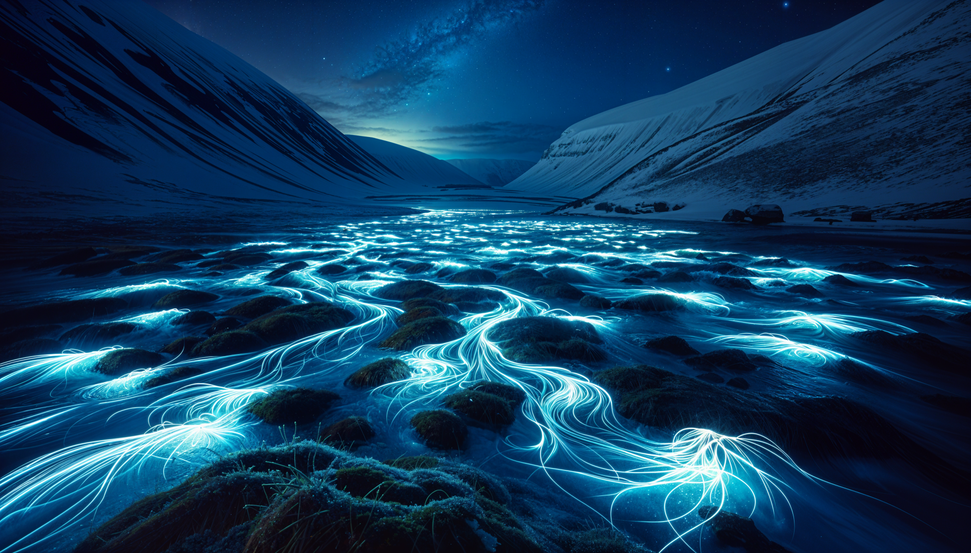 A glowing river winds through a night valley surrounded by mountains under a starry sky, captured in stunning 4K Ultra HD for a vivid night landscape wallpaper.