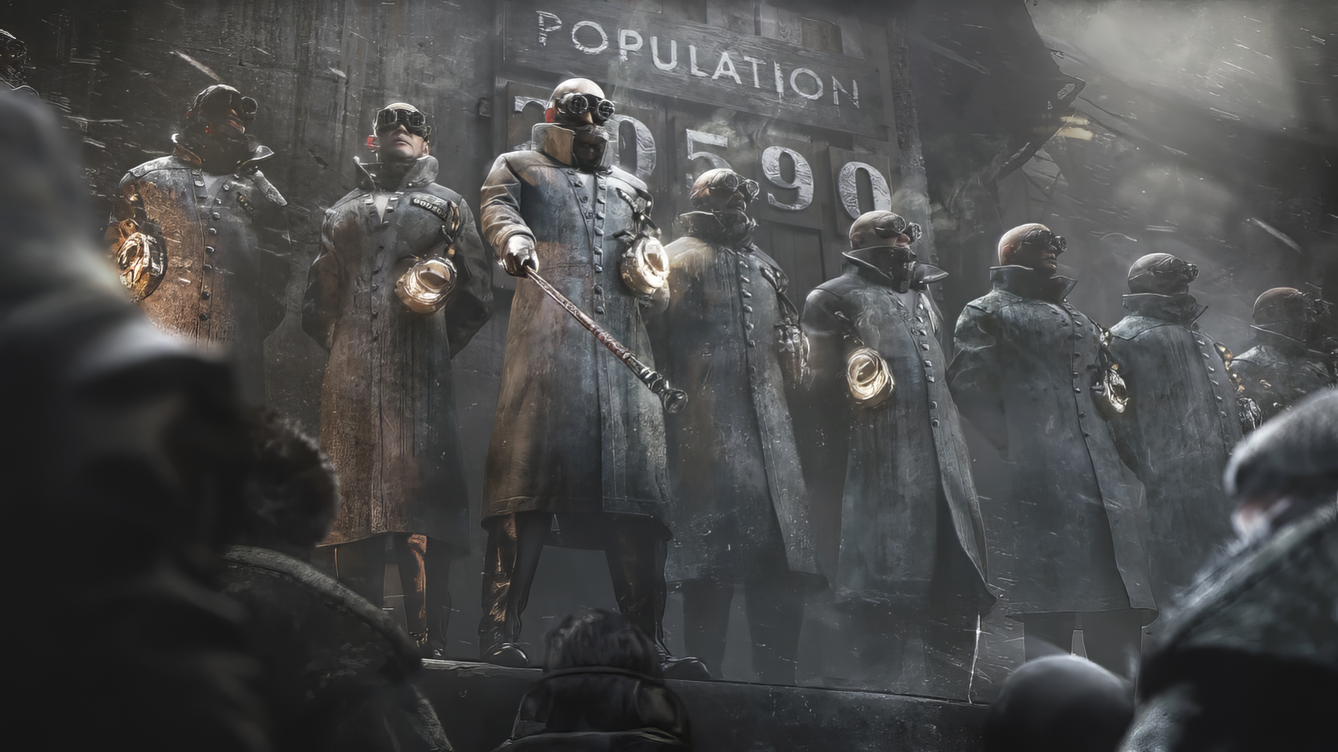 A powerful HD wallpaper from Frostpunk 2, featuring a group of imposing figures in dark uniforms, standing in front of a population sign, enveloped in a moody, dystopian atmosphere.