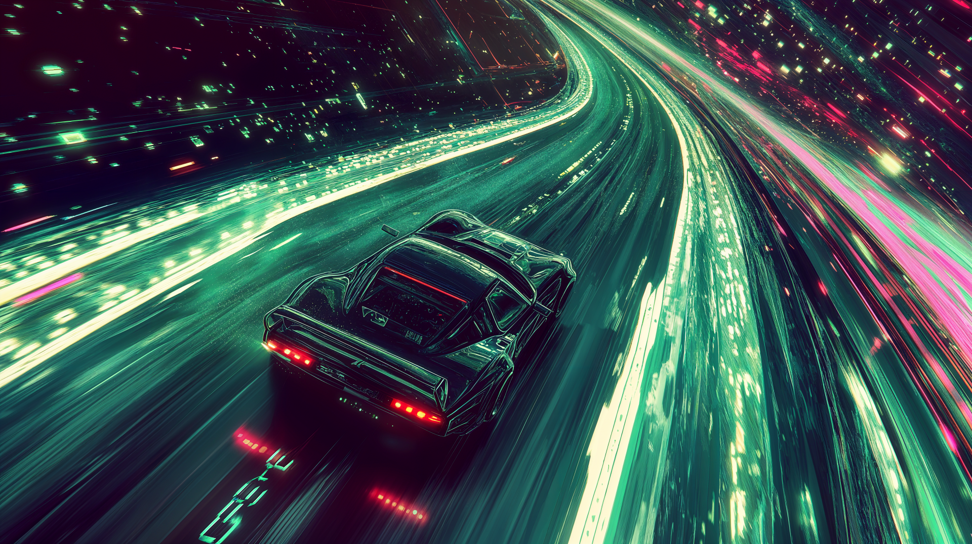A sleek sci-fi vehicle speeds down a glowing road, surrounded by vibrant neon lights and a dynamic digital landscape, showcased in stunning 4K Ultra HD.