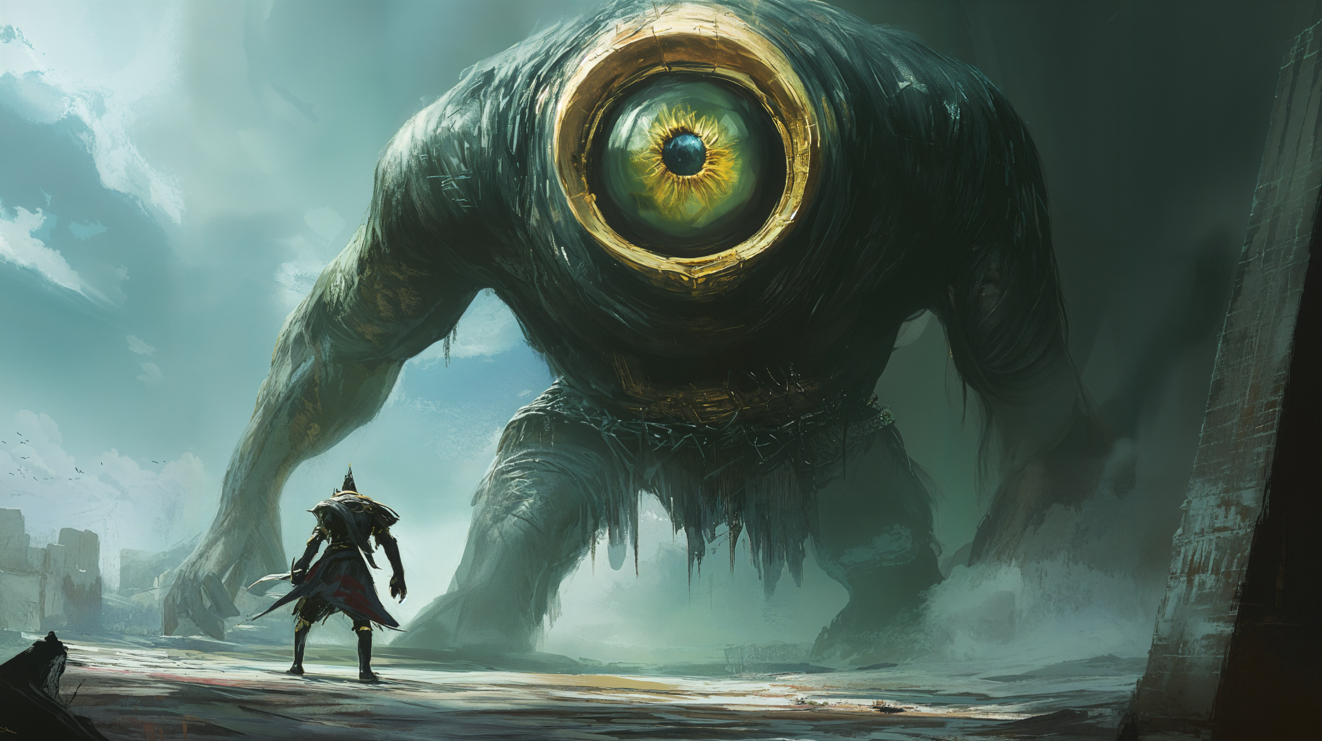 A captivating 4K Ultra HD fantasy scene featuring a towering cyclops from mythology, facing a lone warrior in a mystical landscape shrouded in fog.