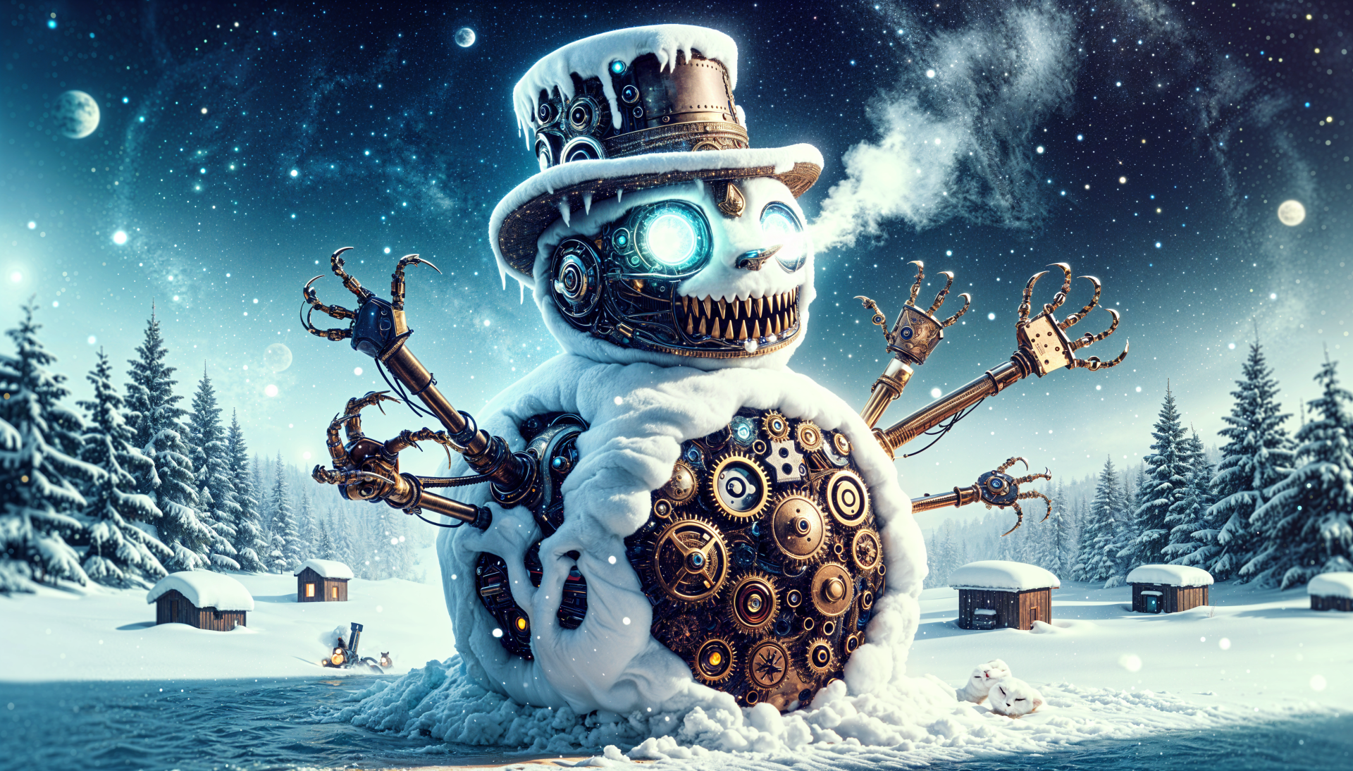A whimsical steampunk snowman stands in a snowy landscape, adorned with mechanical details and glowing eyes, creating a striking 4K Ultra HD wallpaper for any desktop.