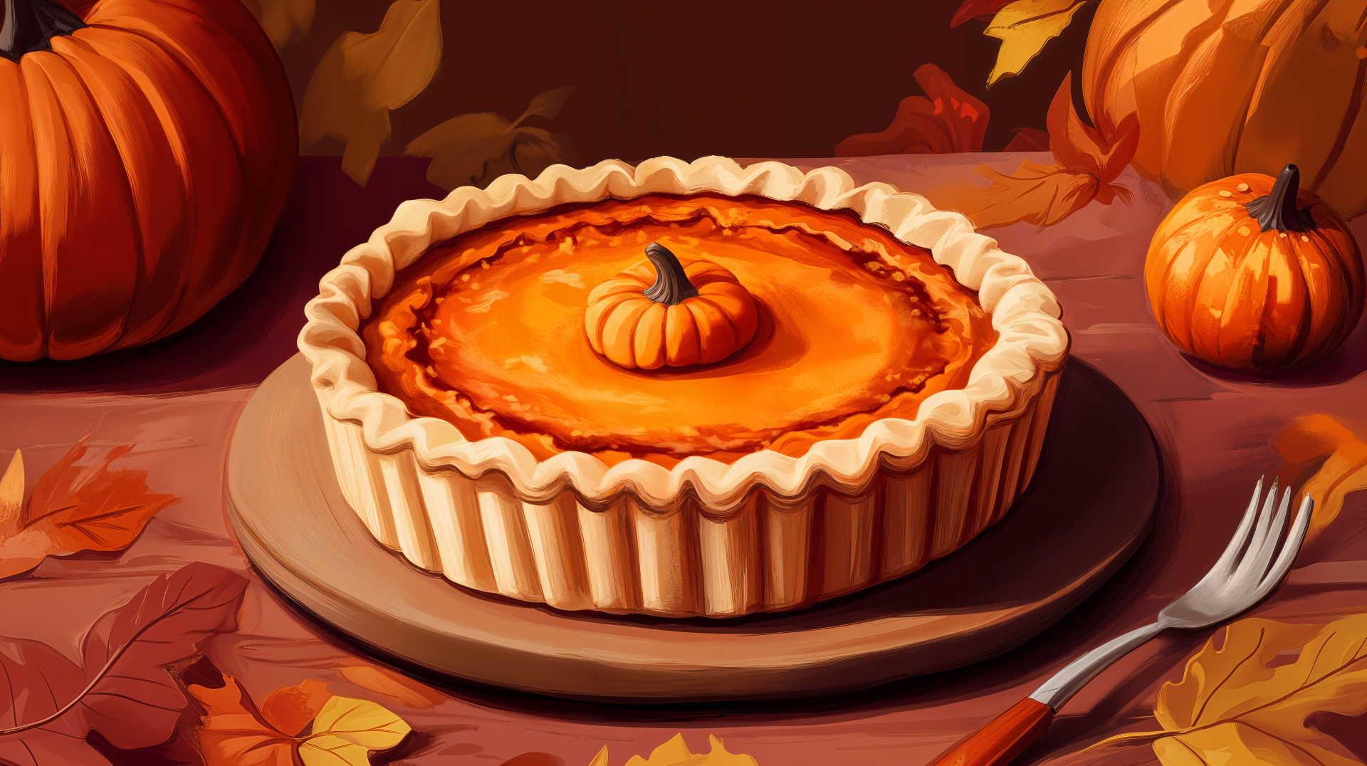 A beautifully styled pumpkin pie sits on a wooden plate, surrounded by autumn leaves and small pumpkins, captured in vibrant detail for 4K Ultra HD desktop wallpaper.
