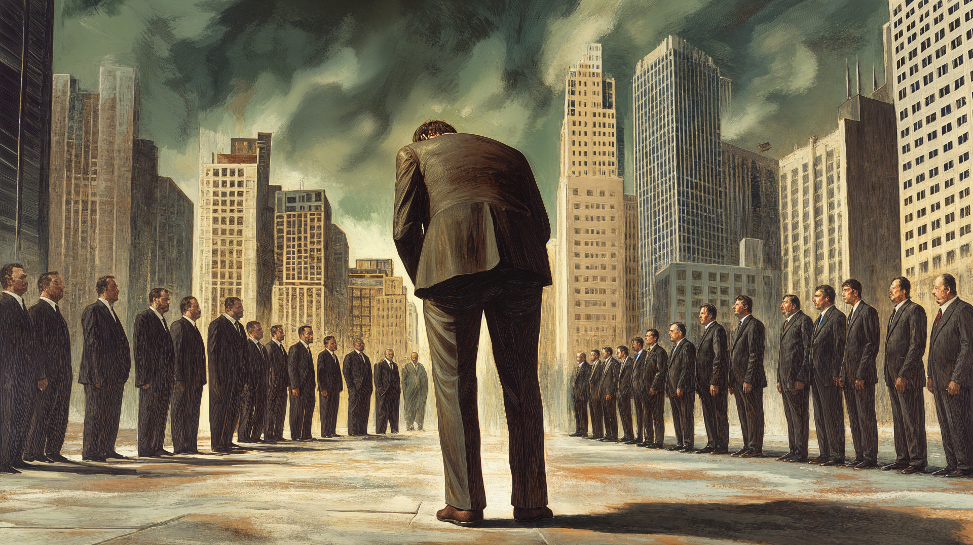 A solitary businessman in a suit looks down amidst a sea of identical figures in suits, set against a backdrop of towering skyscrapers, capturing themes of corporatism in a striking 4K image.