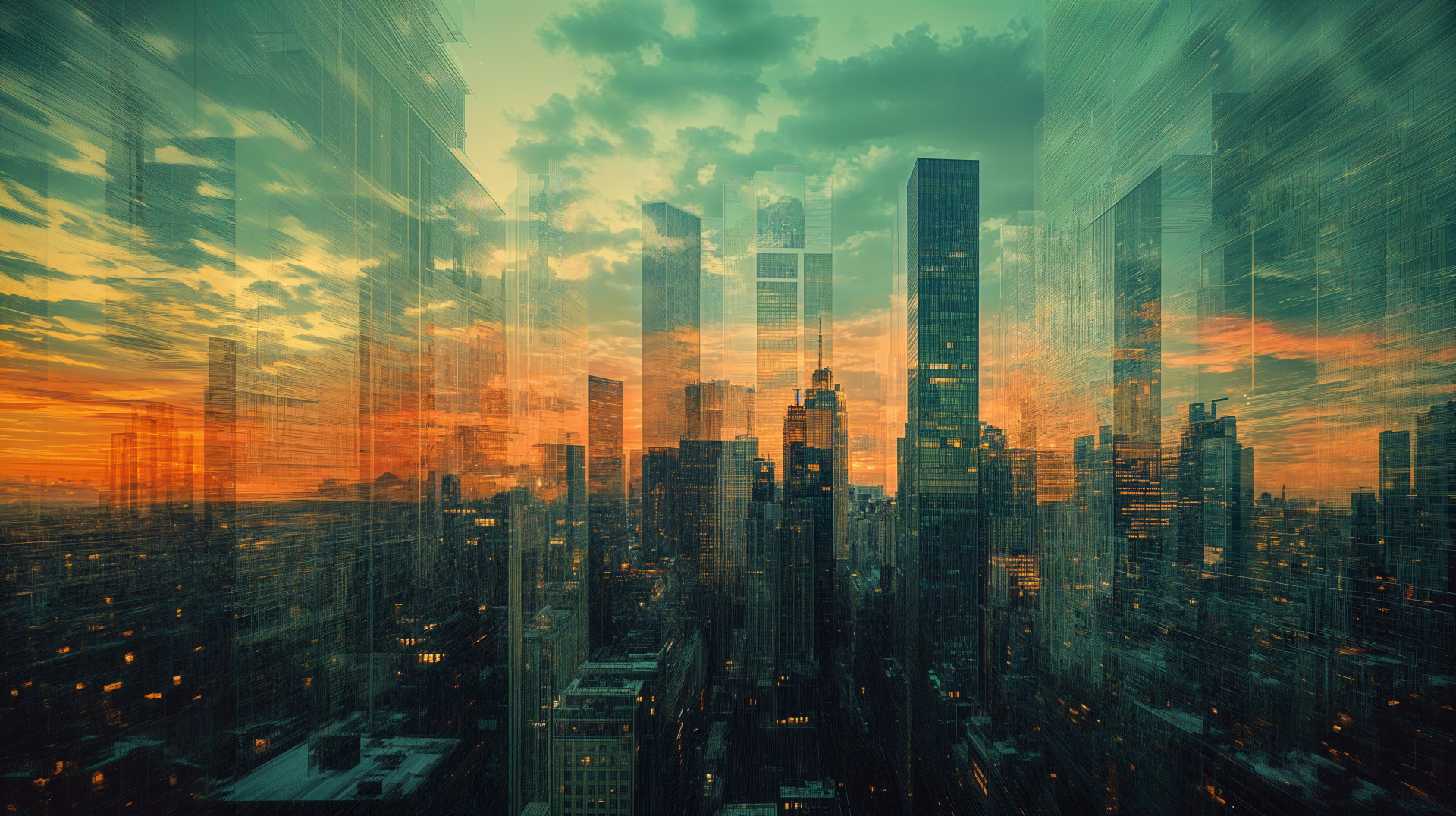 A translucent 4K Ultra HD cityscape featuring urban skyscrapers at sunset, blending vibrant orange and green hues in a stunning desktop wallpaper background.