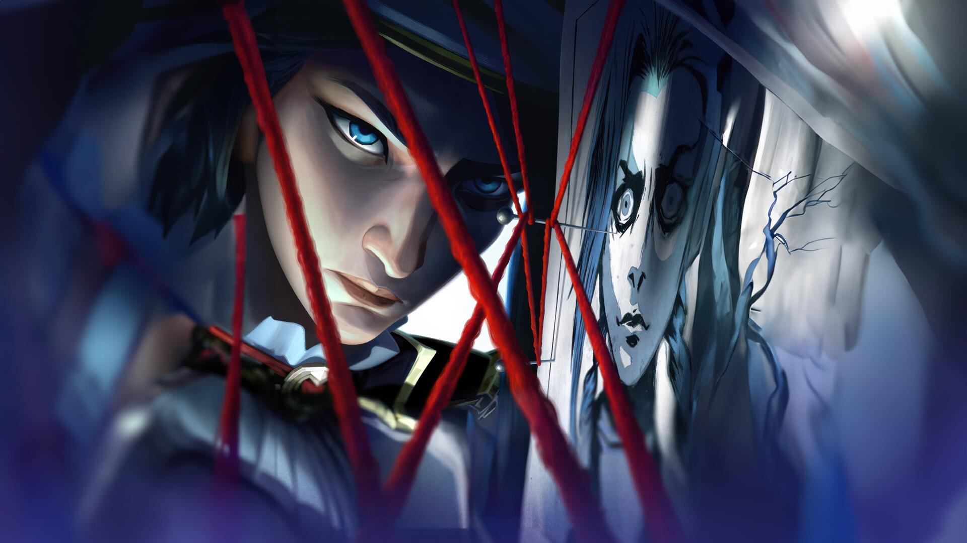 Arcane-themed 4K Ultra HD PC desktop wallpaper featuring intense close-up portraits with dynamic red strings and a dark, atmospheric background.