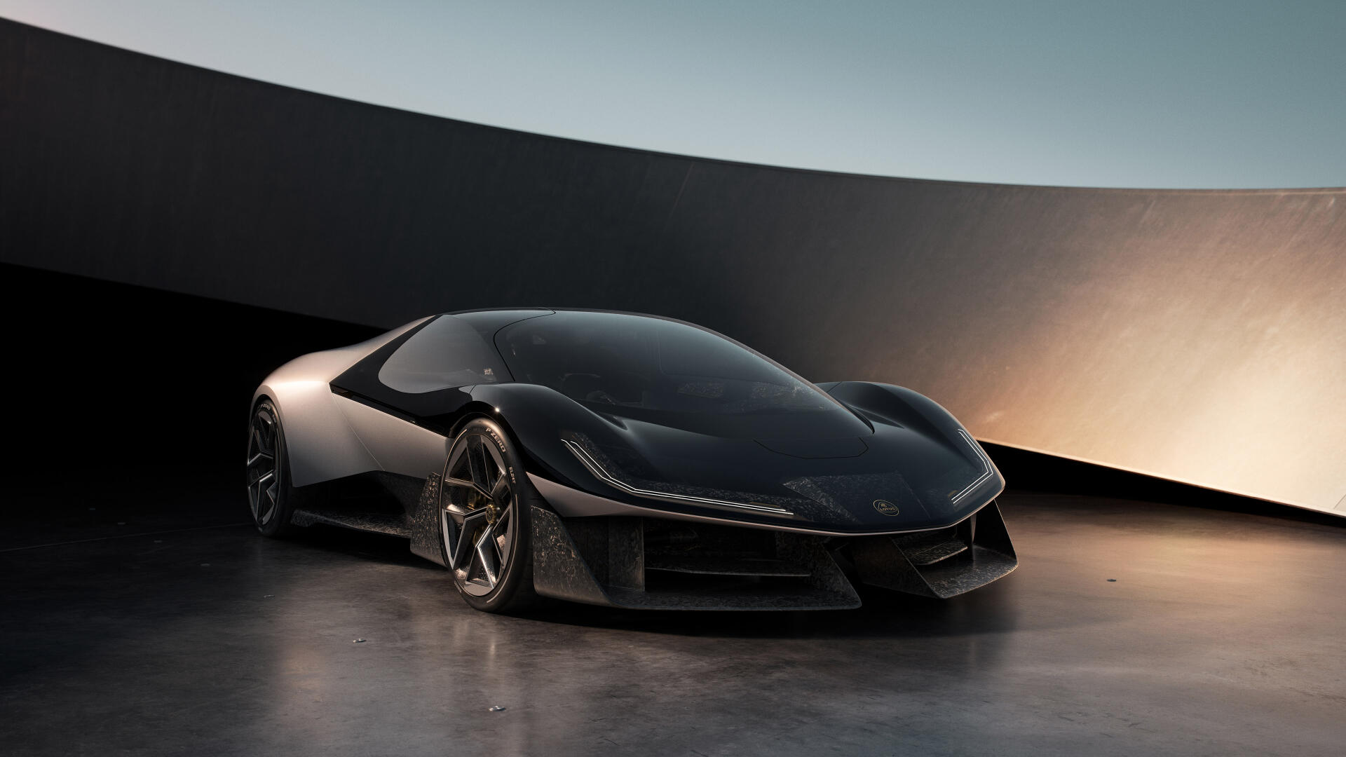 A sleek black Lotus Theory 1 car displayed against a minimalist background, captured in stunning 4K Ultra HD, showcasing its aerodynamic design and modern aesthetics.