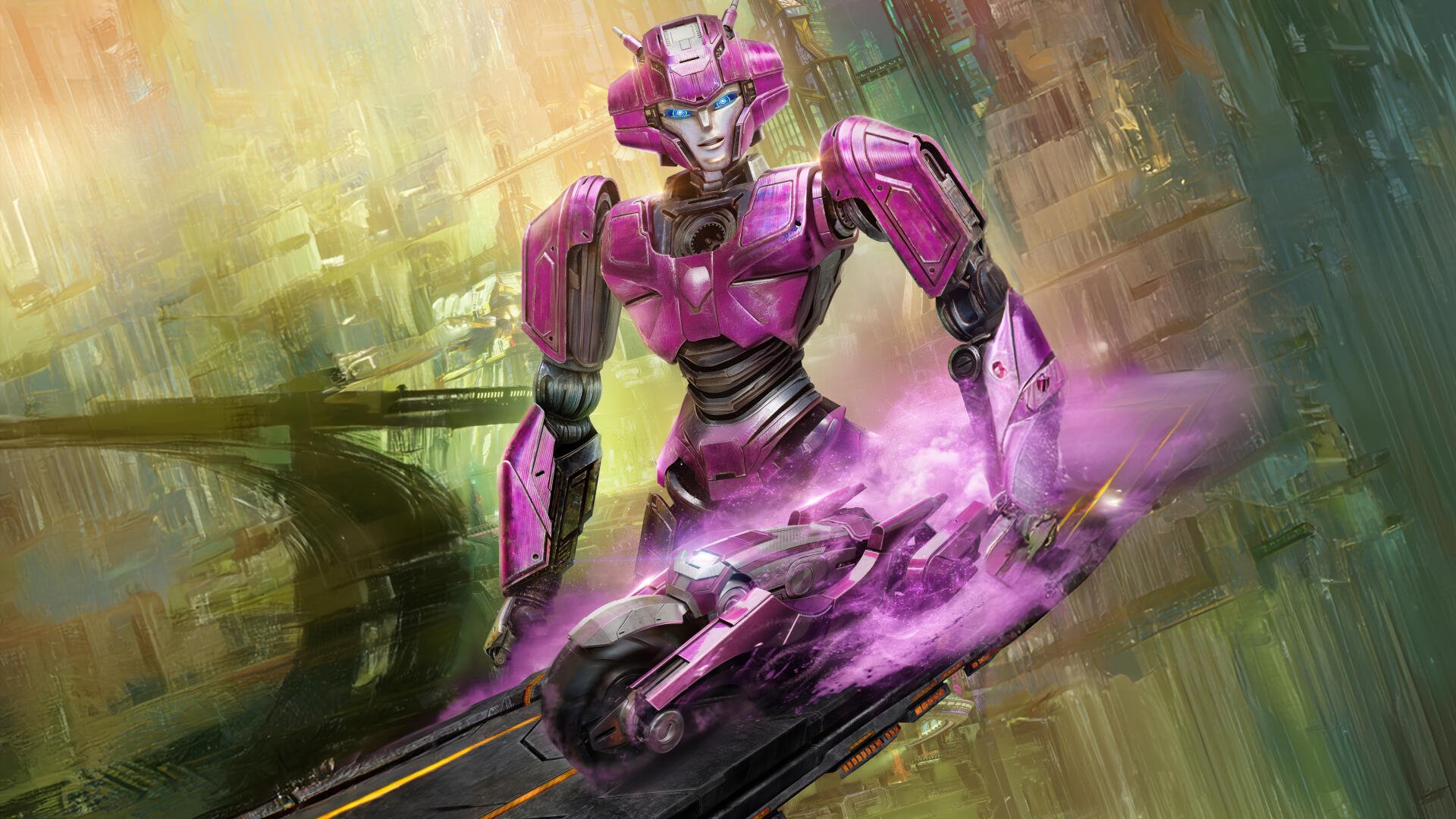 A vibrant 4K Ultra HD wallpaper featuring a pink Transformer, showcasing dynamic energy and intricate details, inspired by the movie Transformers One.