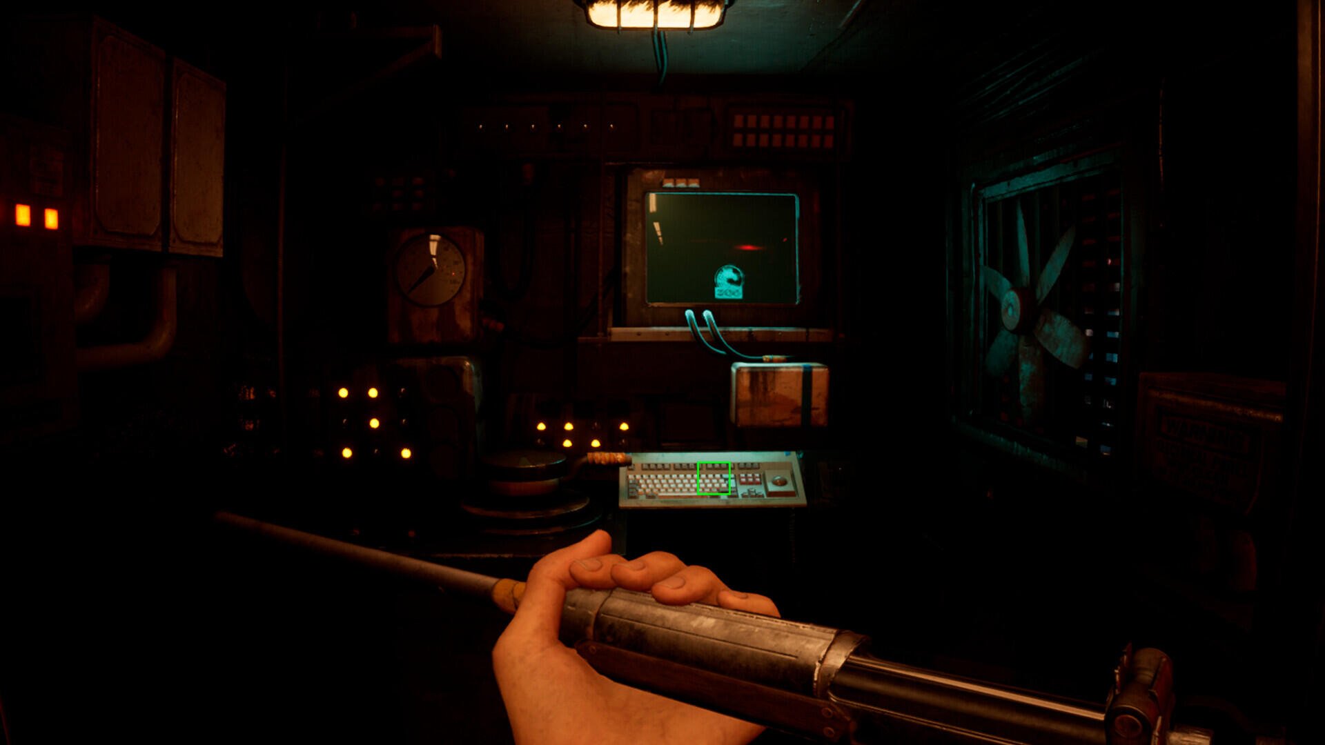 A dark, atmospheric HD desktop wallpaper from the video game Zoochosis, featuring a hand holding a weapon in a mysterious, tech-filled environment.