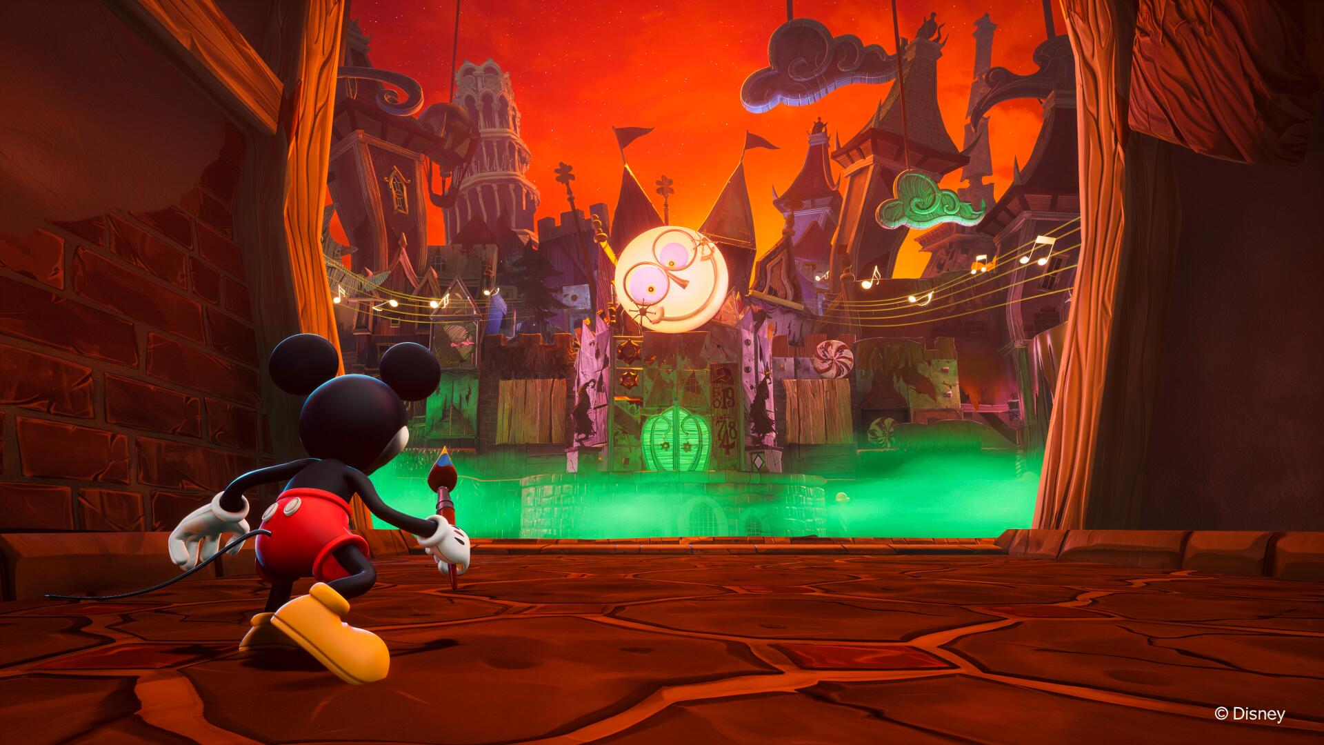 Mickey Mouse stands before a vibrant, surreal landscape in Disney Epic Mickey: Rebrushed, showcasing a striking 4K Ultra HD visual experience filled with whimsical elements.