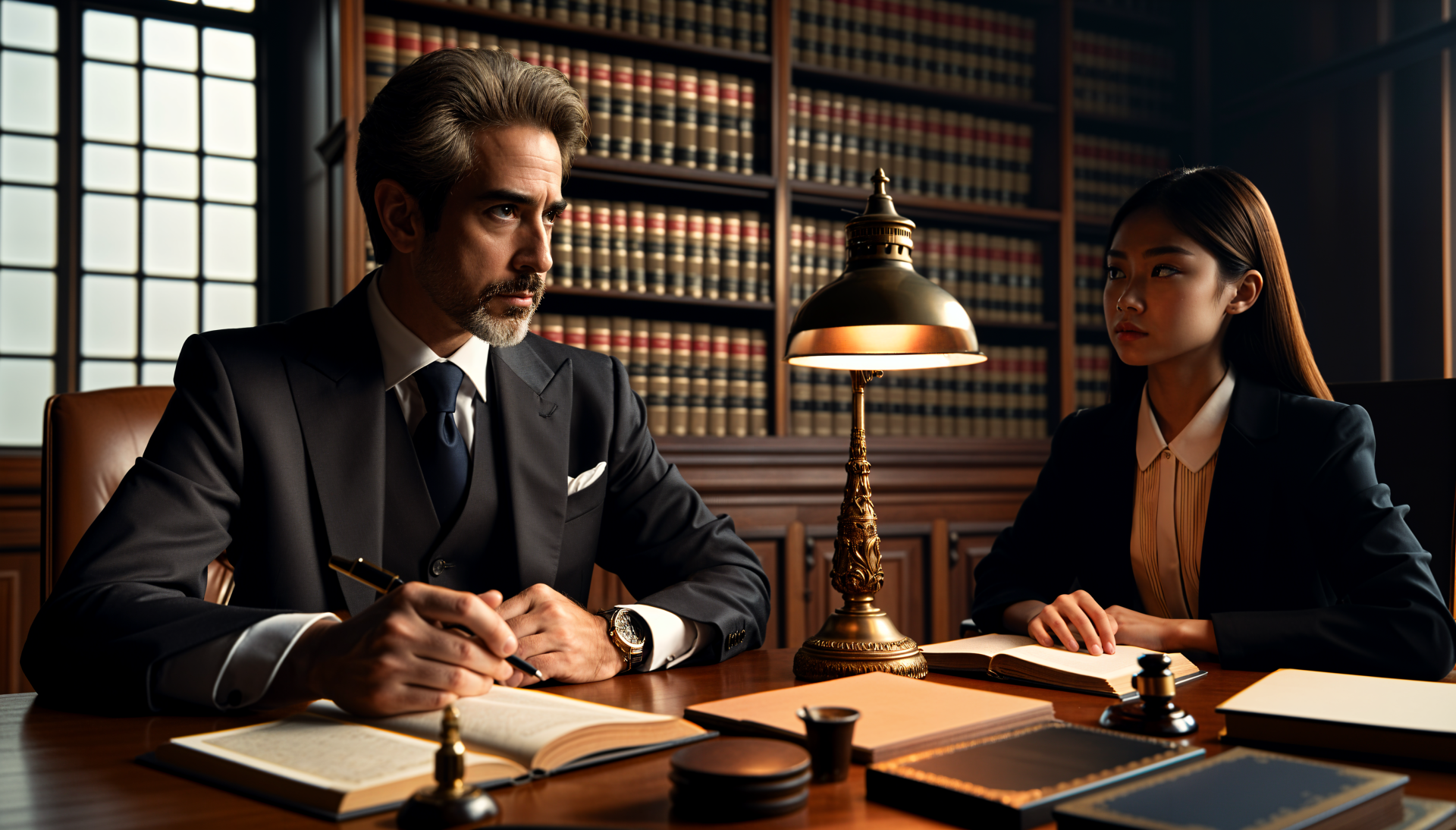 A lawyer and an assistant engage in a serious discussion at a well-organized desk, surrounded by shelves filled with law books. This 4K Ultra HD image captures their focused atmosphere.