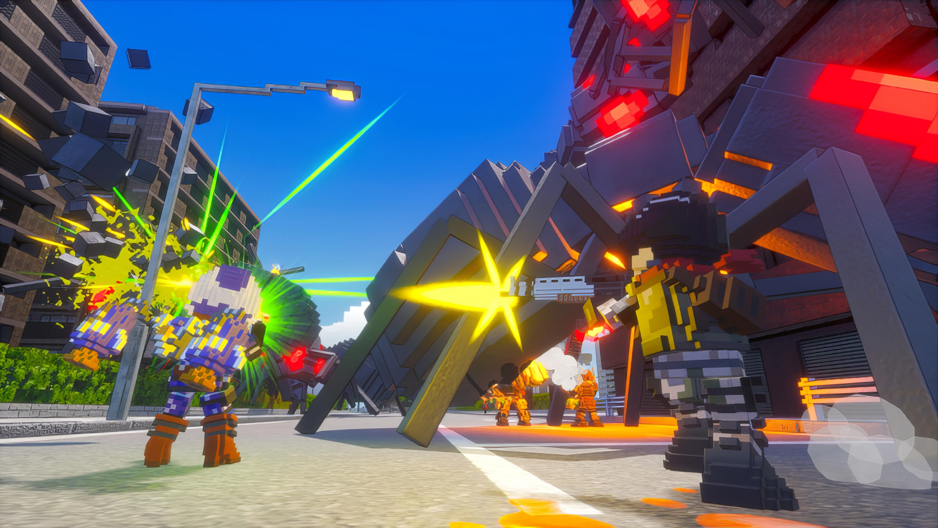 A vibrant HD wallpaper from Earth Defense Force: World Brothers 2, showcasing colorful pixelated characters battling a towering enemy in a dynamic urban setting.