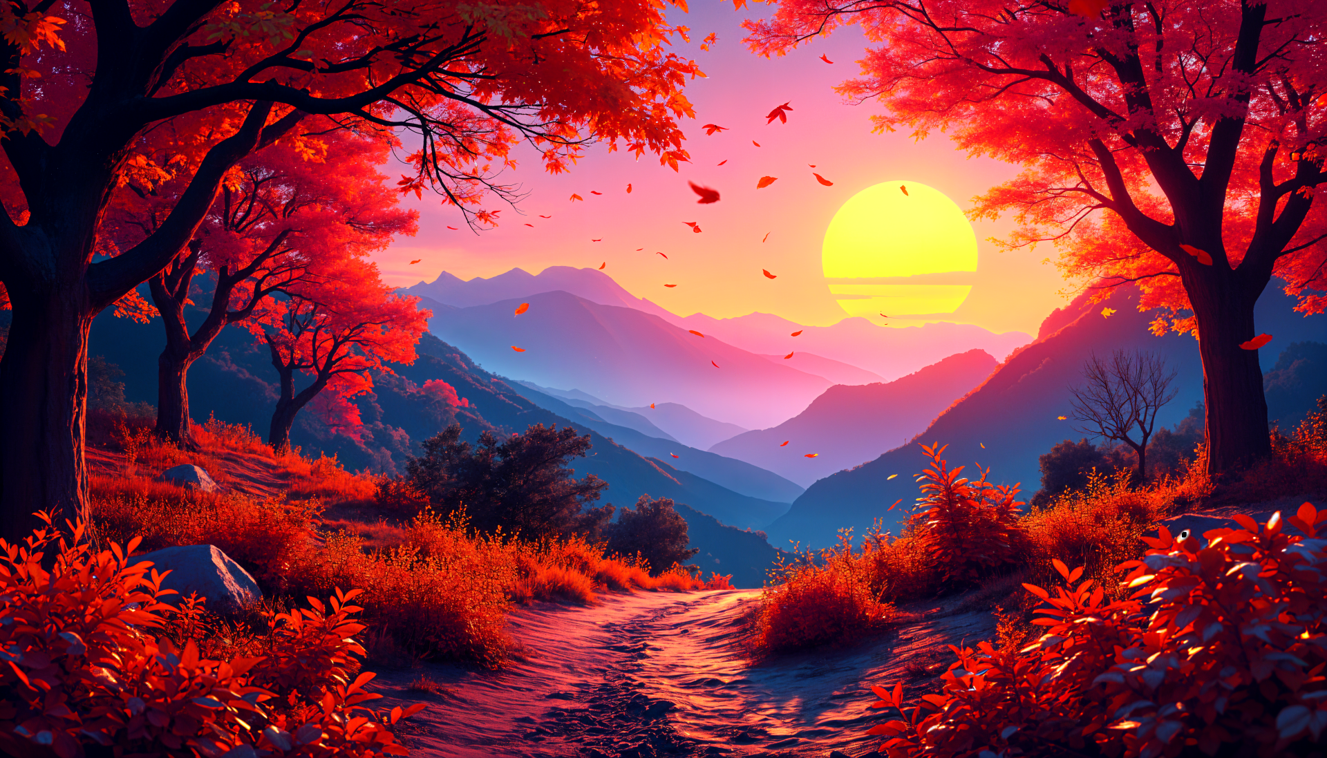 A vivid fall landscape features vibrant red trees framing a winding path, with a breathtaking sunset illuminating distant mountains in this 4K Ultra HD wallpaper.