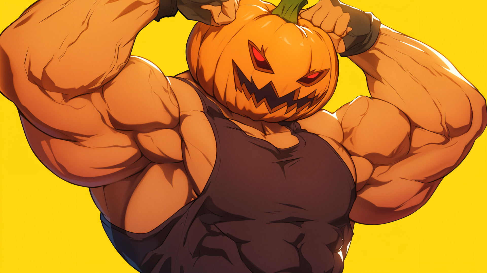 A buff anime character with a menacing pumpkin head poses confidently. Set against a vibrant yellow background, this 4K Ultra HD wallpaper captures a dynamic Halloween vibe.