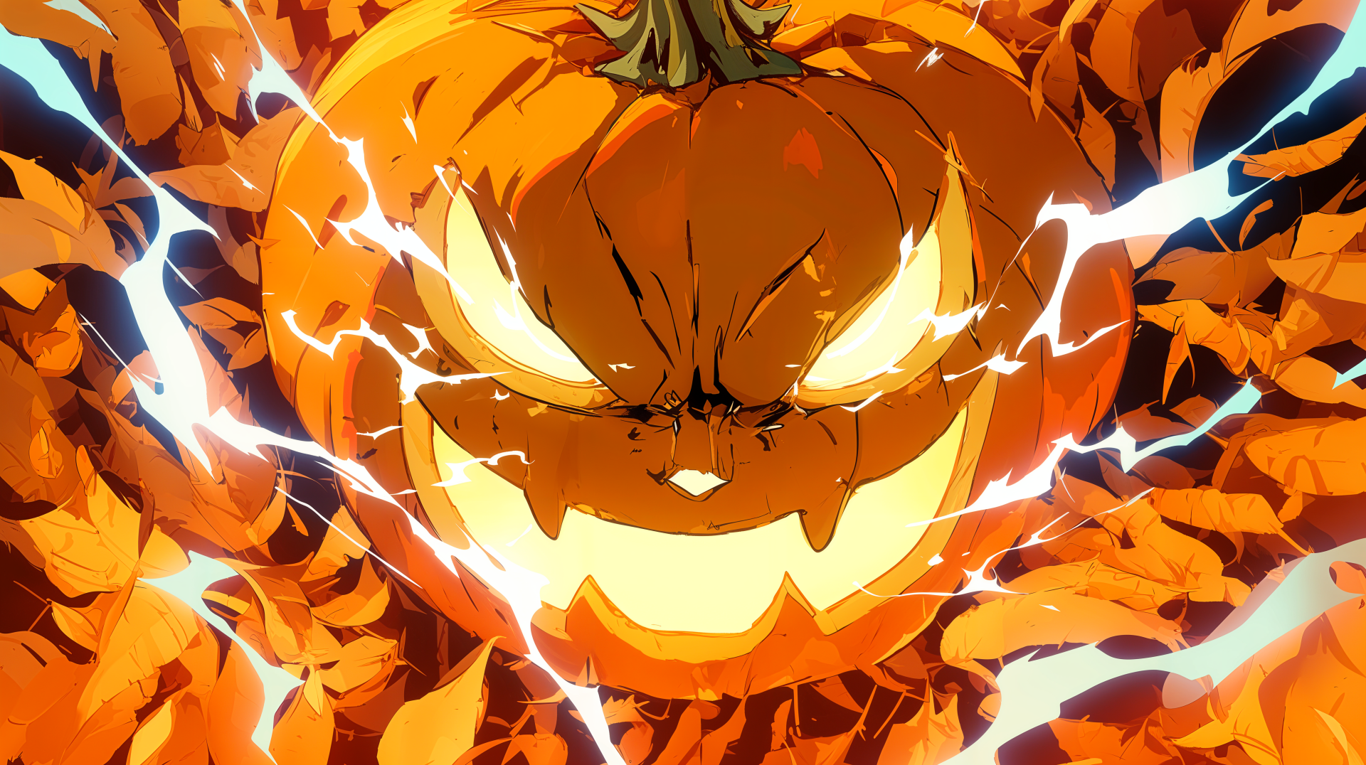 A vibrant anime Halloween-themed image featuring a menacing jack-o'-lantern surrounded by colorful autumn leaves, designed as a stunning 4K Ultra HD desktop wallpaper.